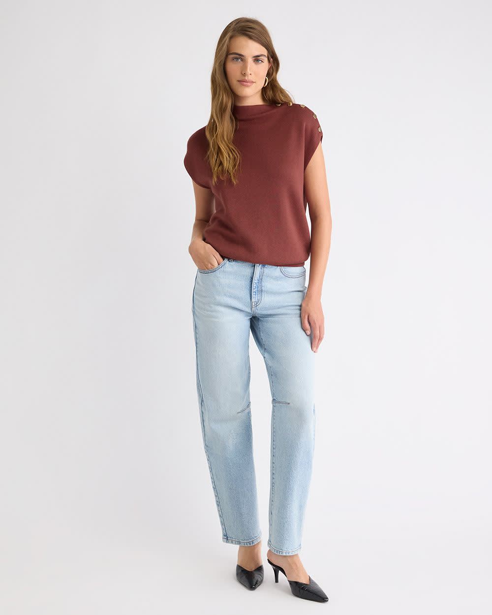 Pull Sans Manches à Col Montant avec Boutons à l'Épaule