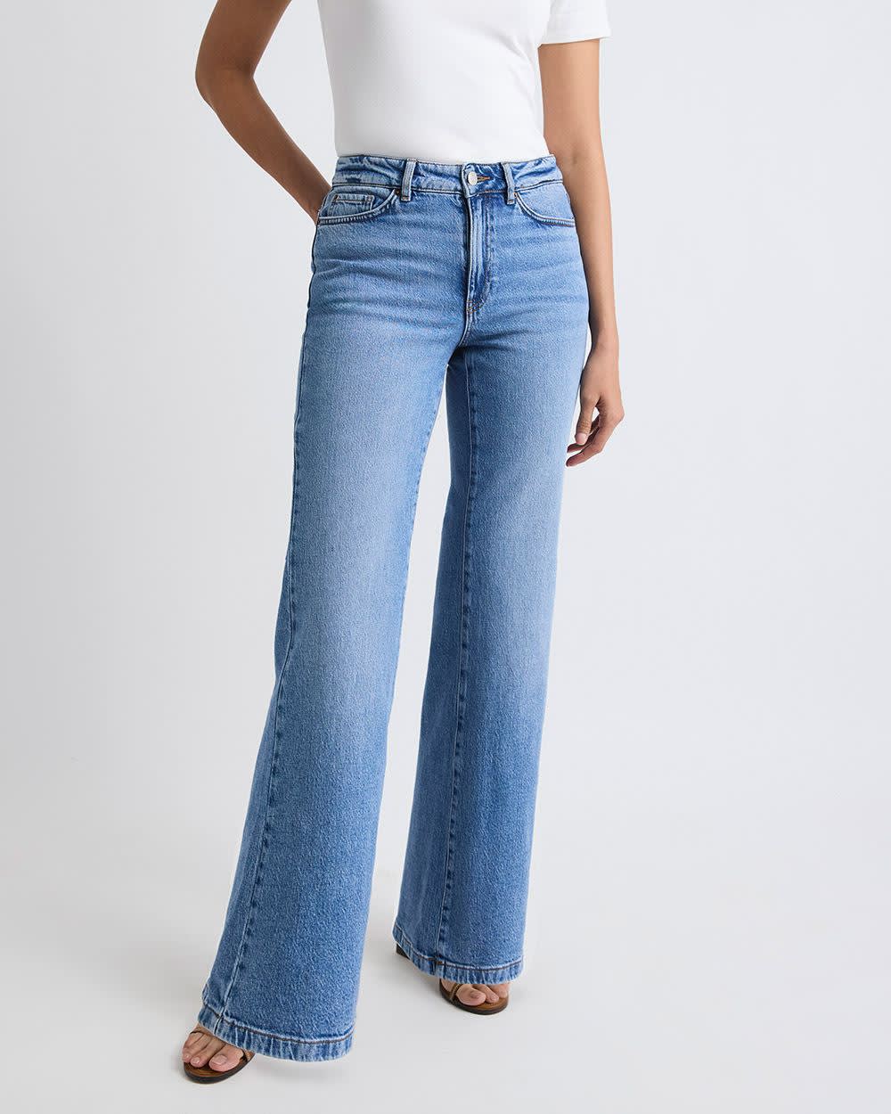 Jeans à Délavé Moyen à Taille Haute et Jambe Large