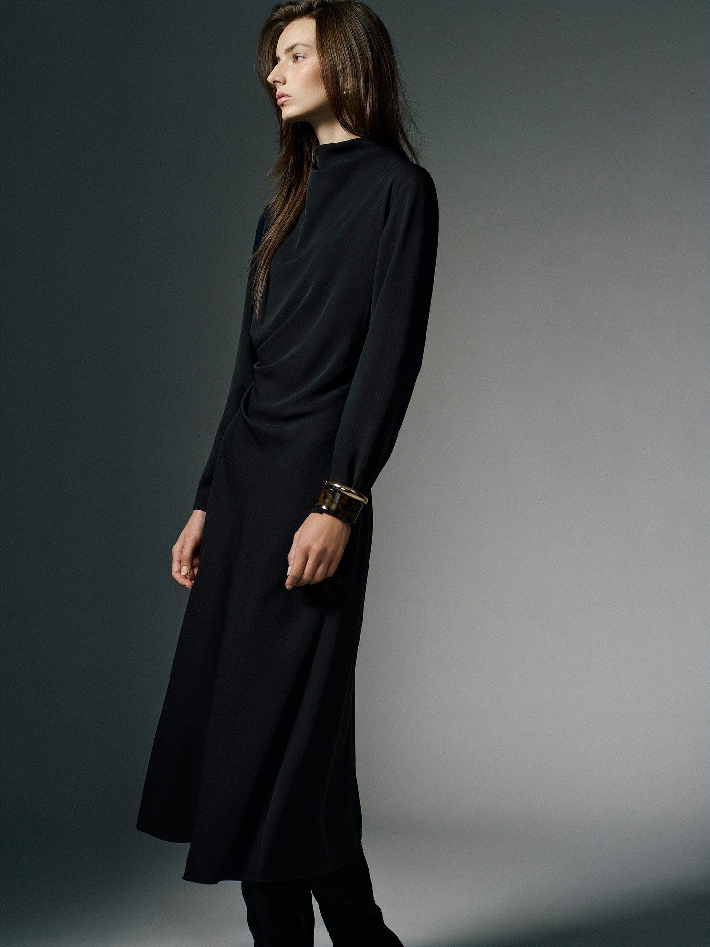 Woven Luxe Crepe Mock Neck Midi Dress