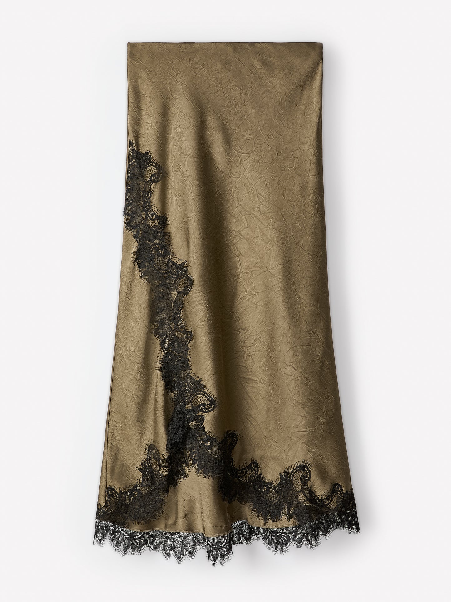 High-Rise Satin Midi Skirt with Lace Trim