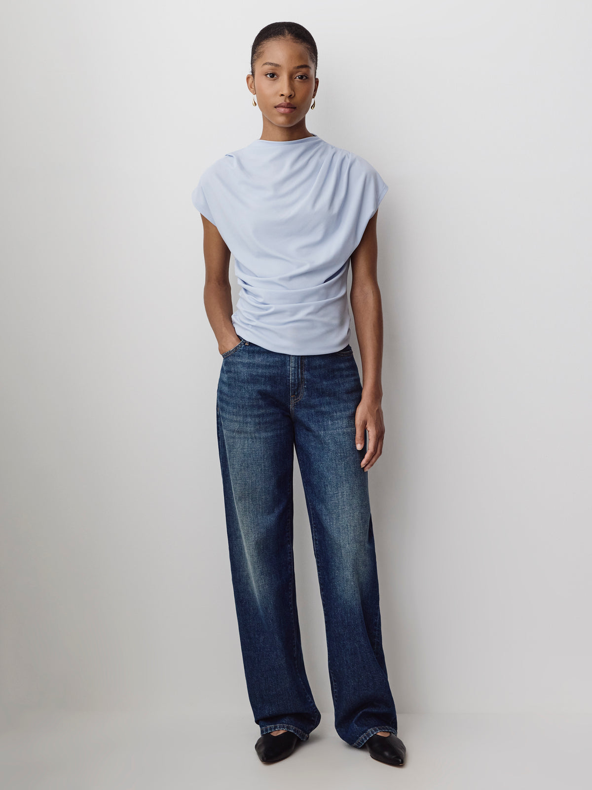 Extended-Sleeve Crew-Neck Draped Top