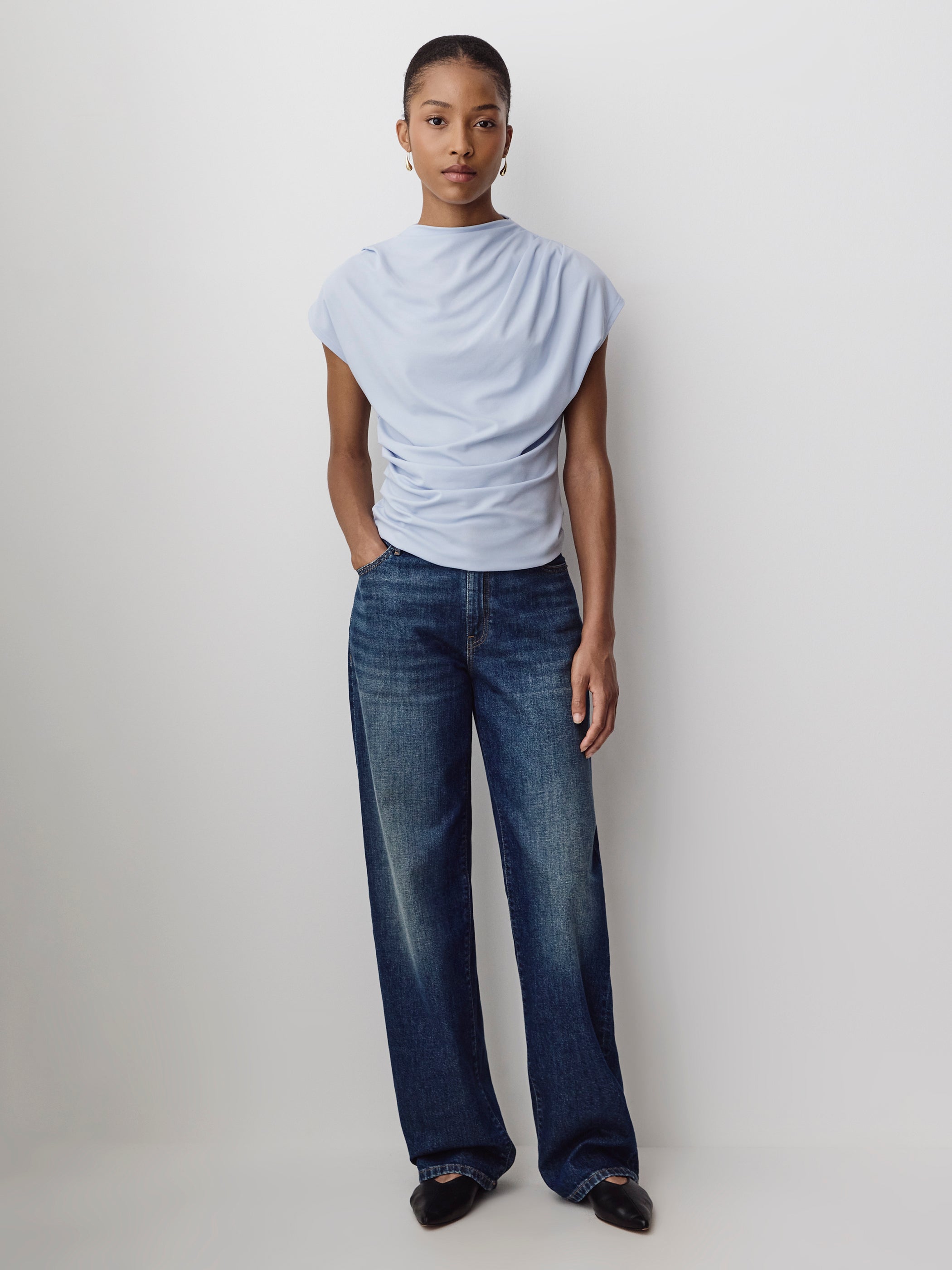 Extended-Sleeve Crew-Neck Draped Top
