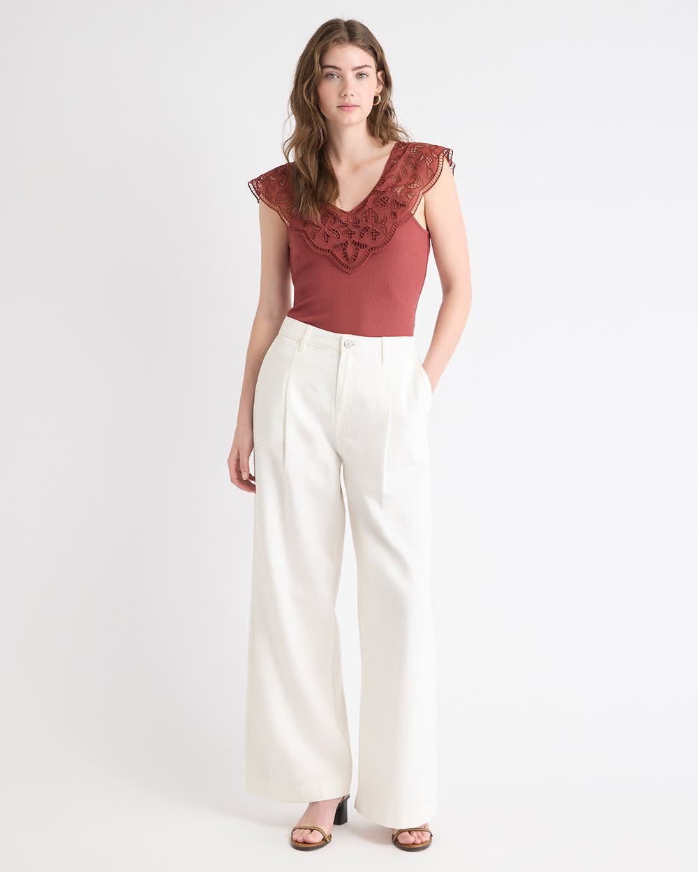 V-Neck Ribbed Top with Short Flutter Sleeves