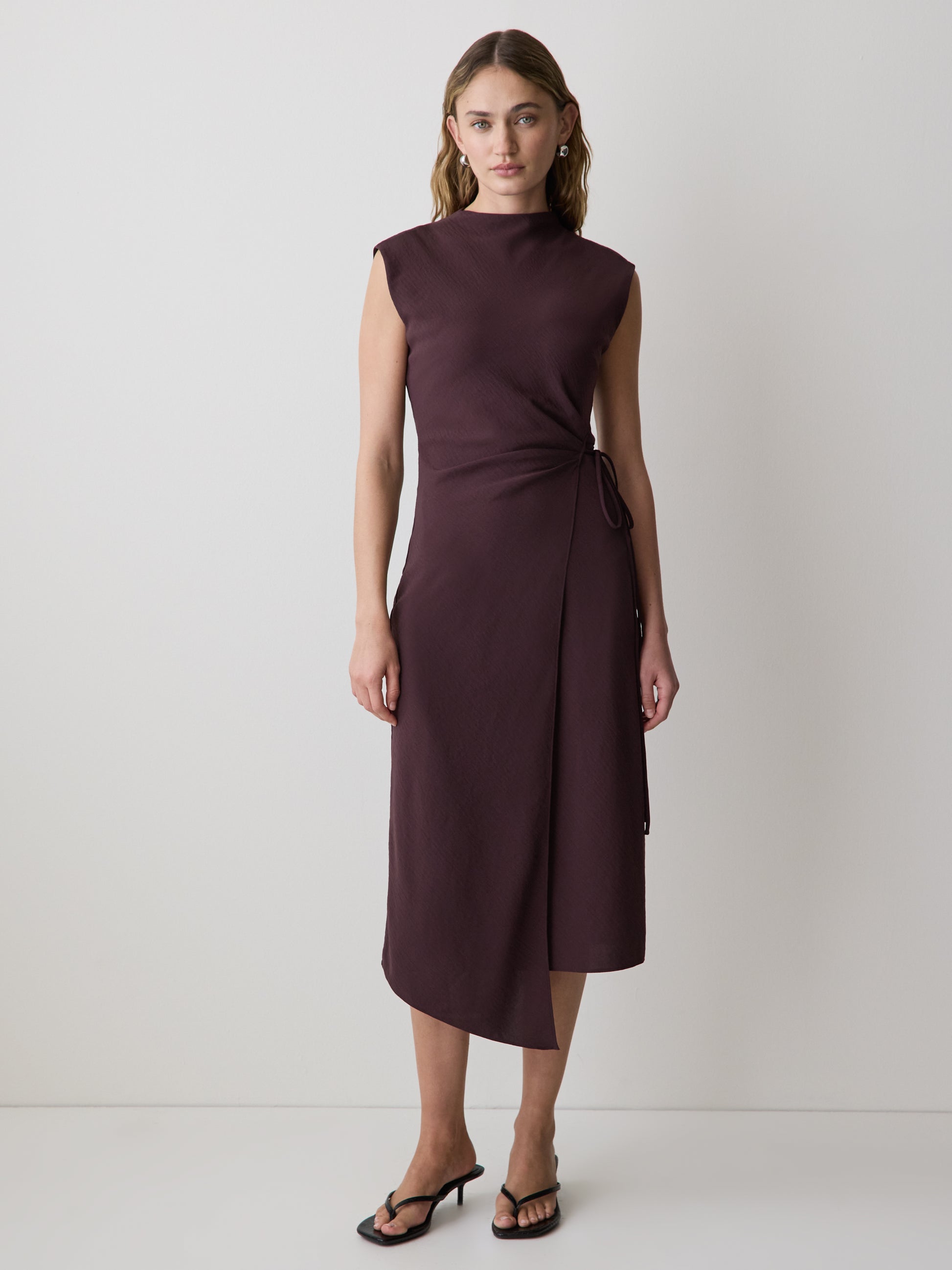 Extended-Sleeve Mock-Neck Midi Dress with Wrap Detail