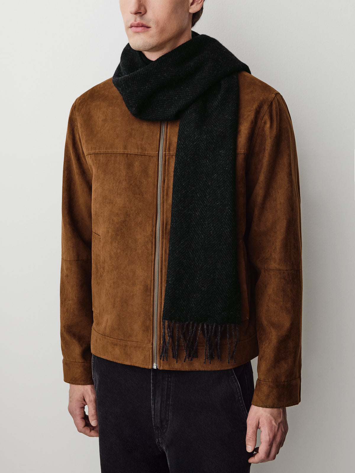Herringbone Wool Scarf with Fringes