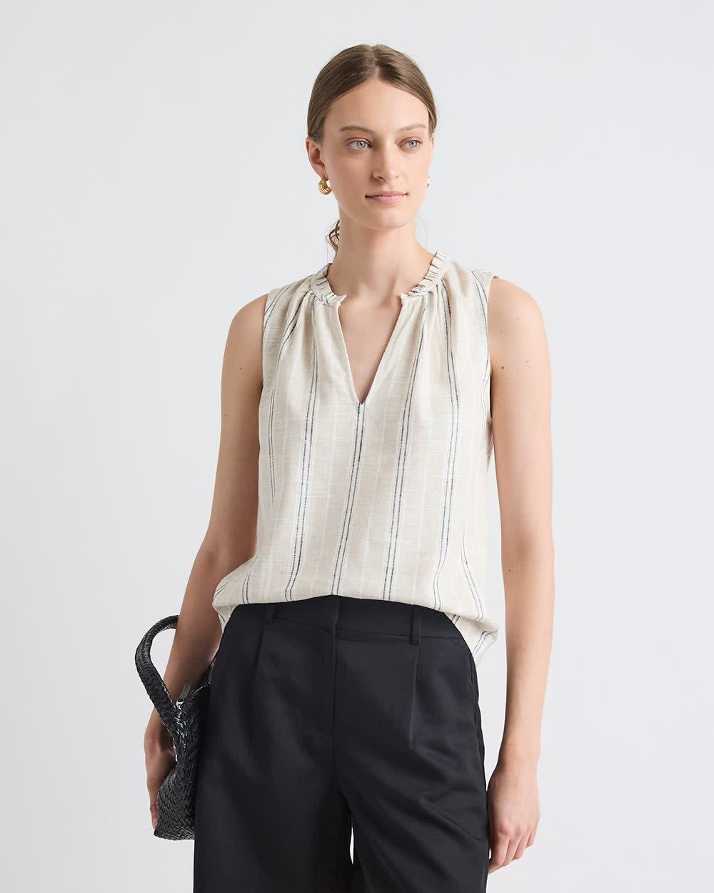 Striped Sleeveless V-Neck Linen-Blend Blouse