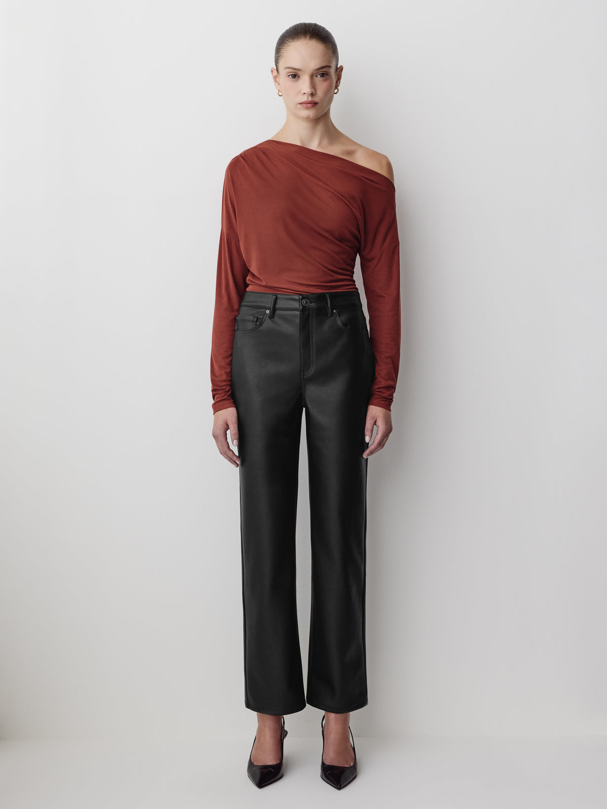 Straight High Rise PU Denim Pant