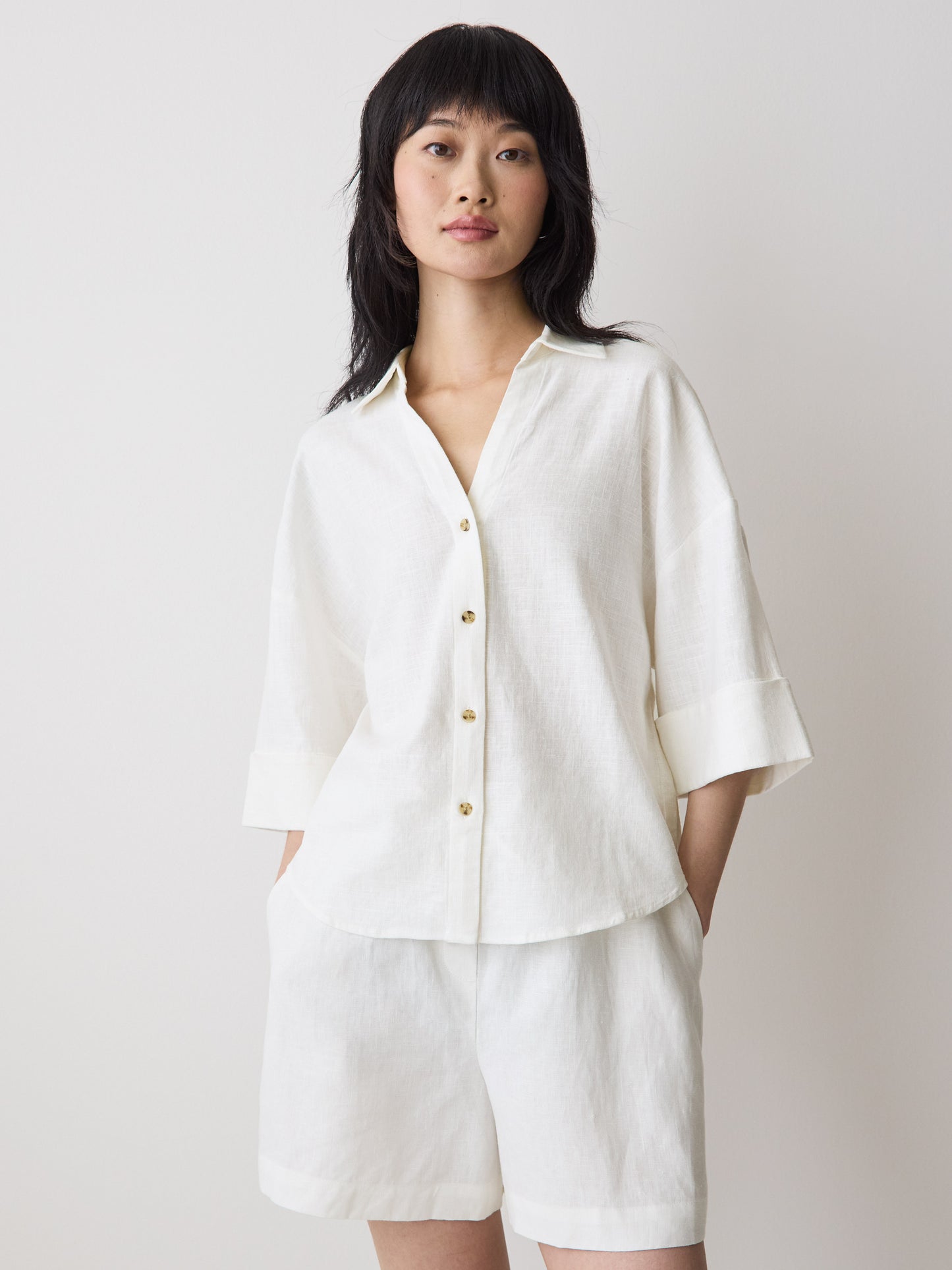Linen-Blend Short-Sleeve Blouse with Shirt Collar