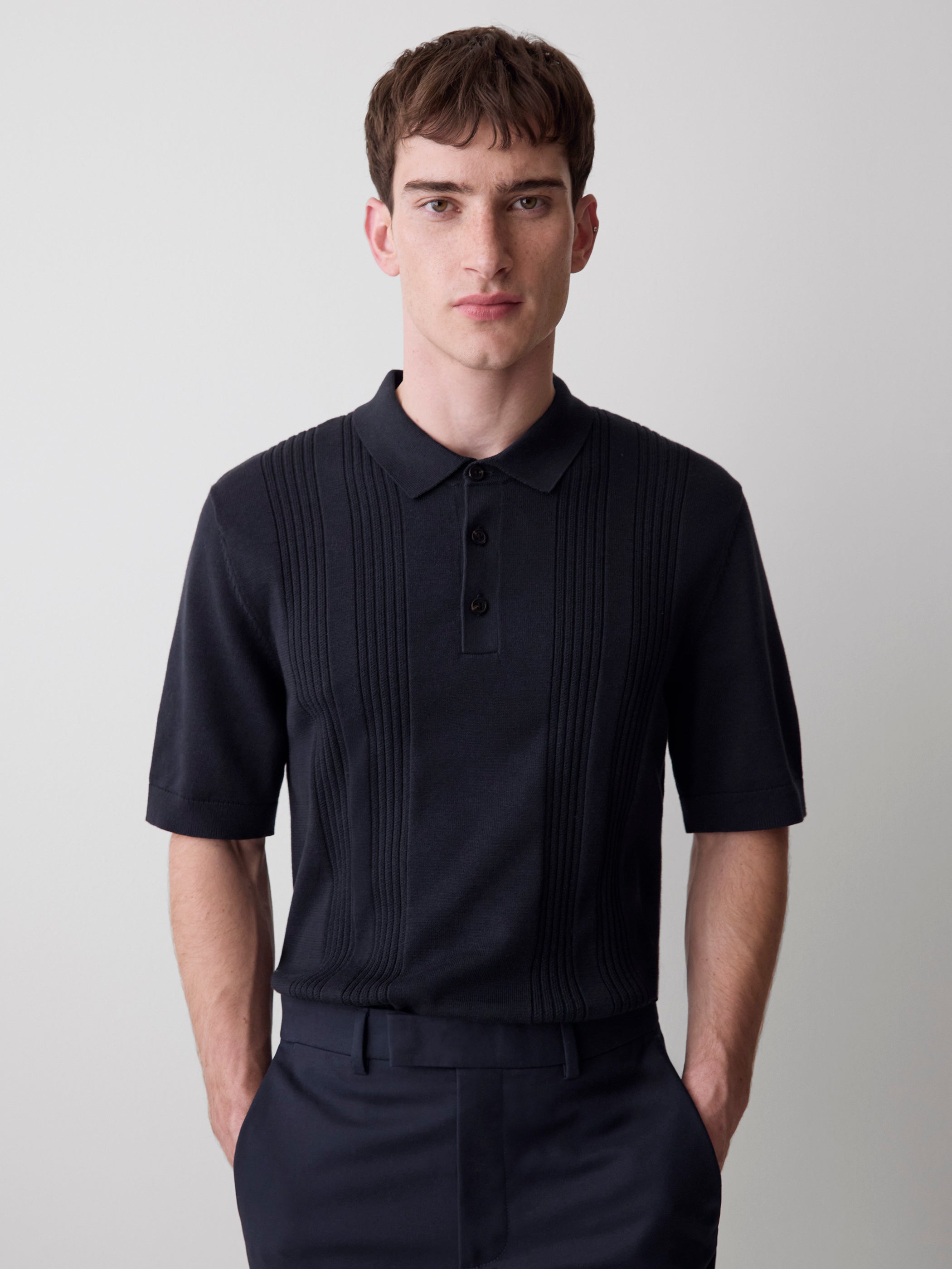 Short-Sleeve Cotton Polo with Vertical Stitches