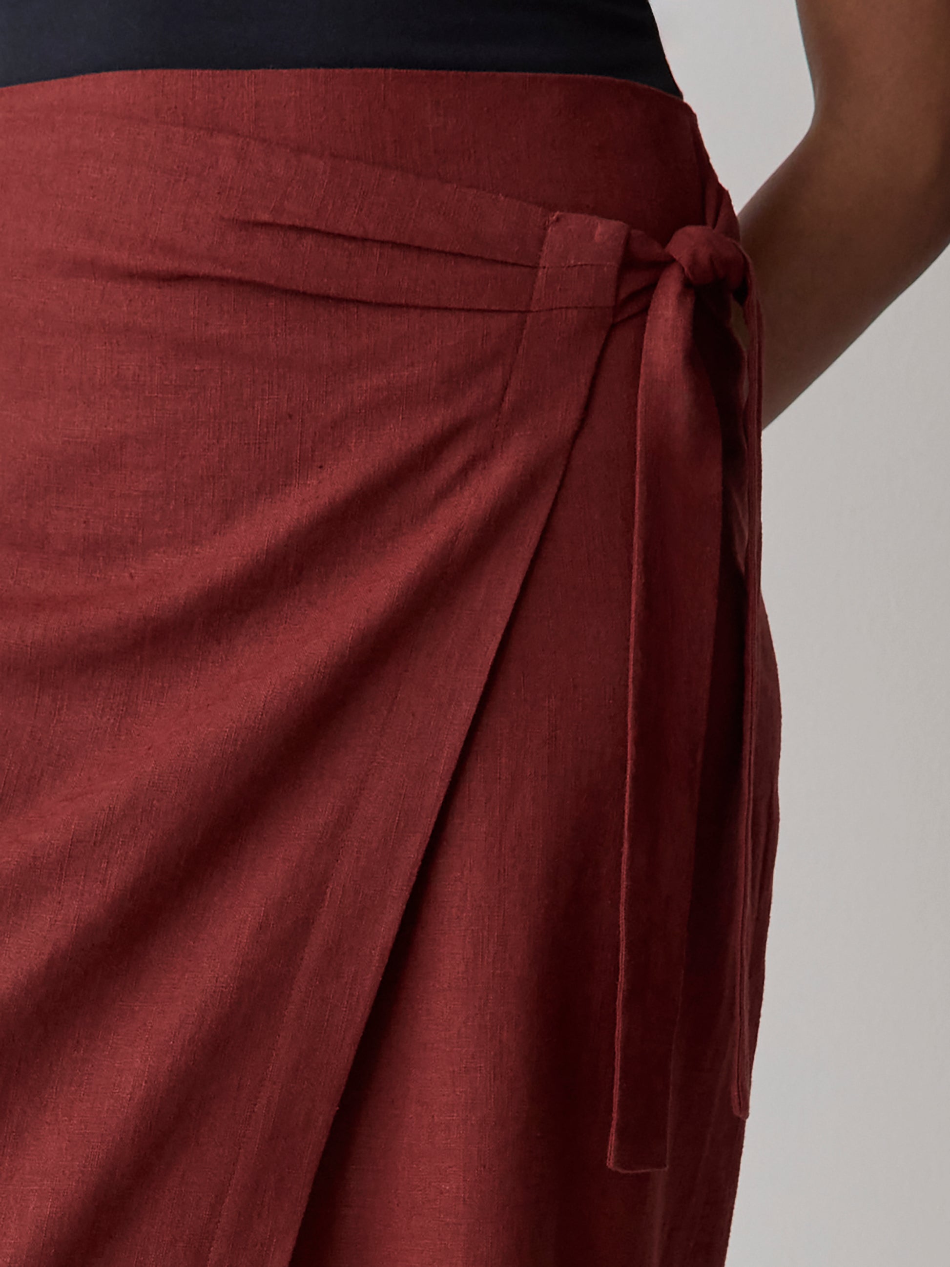 Woven Linen Blend Wrap Midi Skirt
