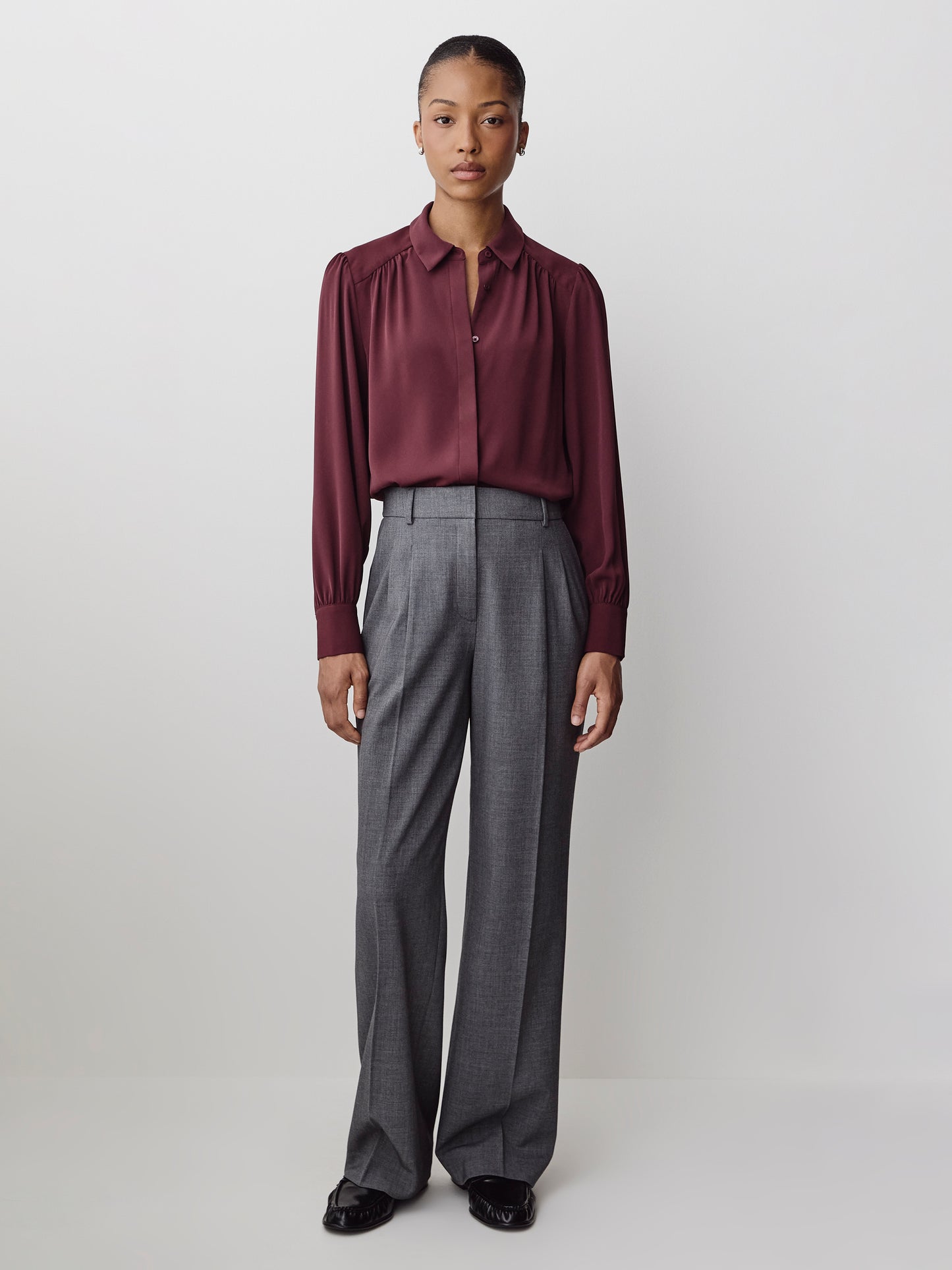 Silky Crepe Long-Sleeve Buttoned-Down Blouse