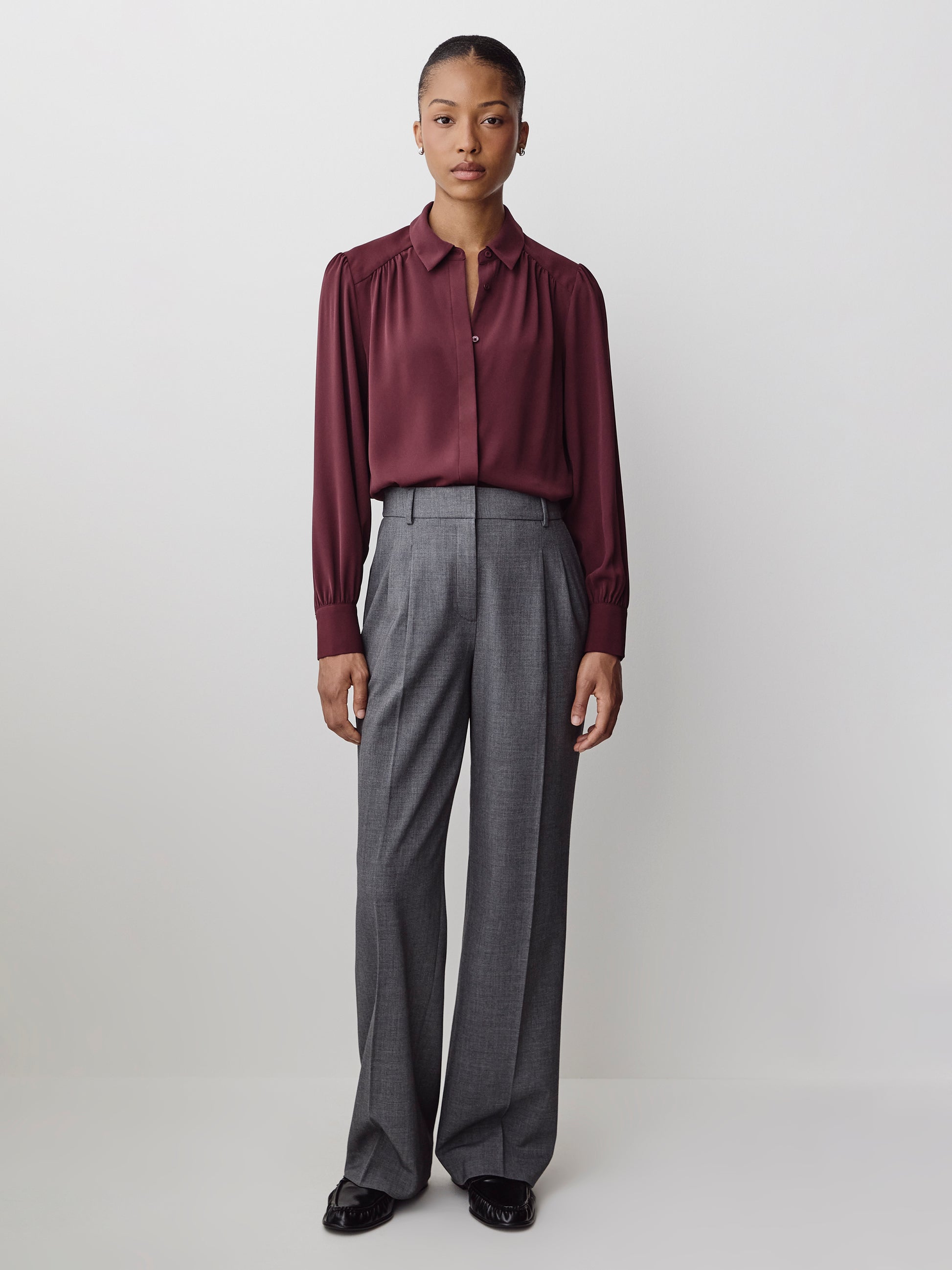 Silky Crepe Long-Sleeve Buttoned-Down Blouse
