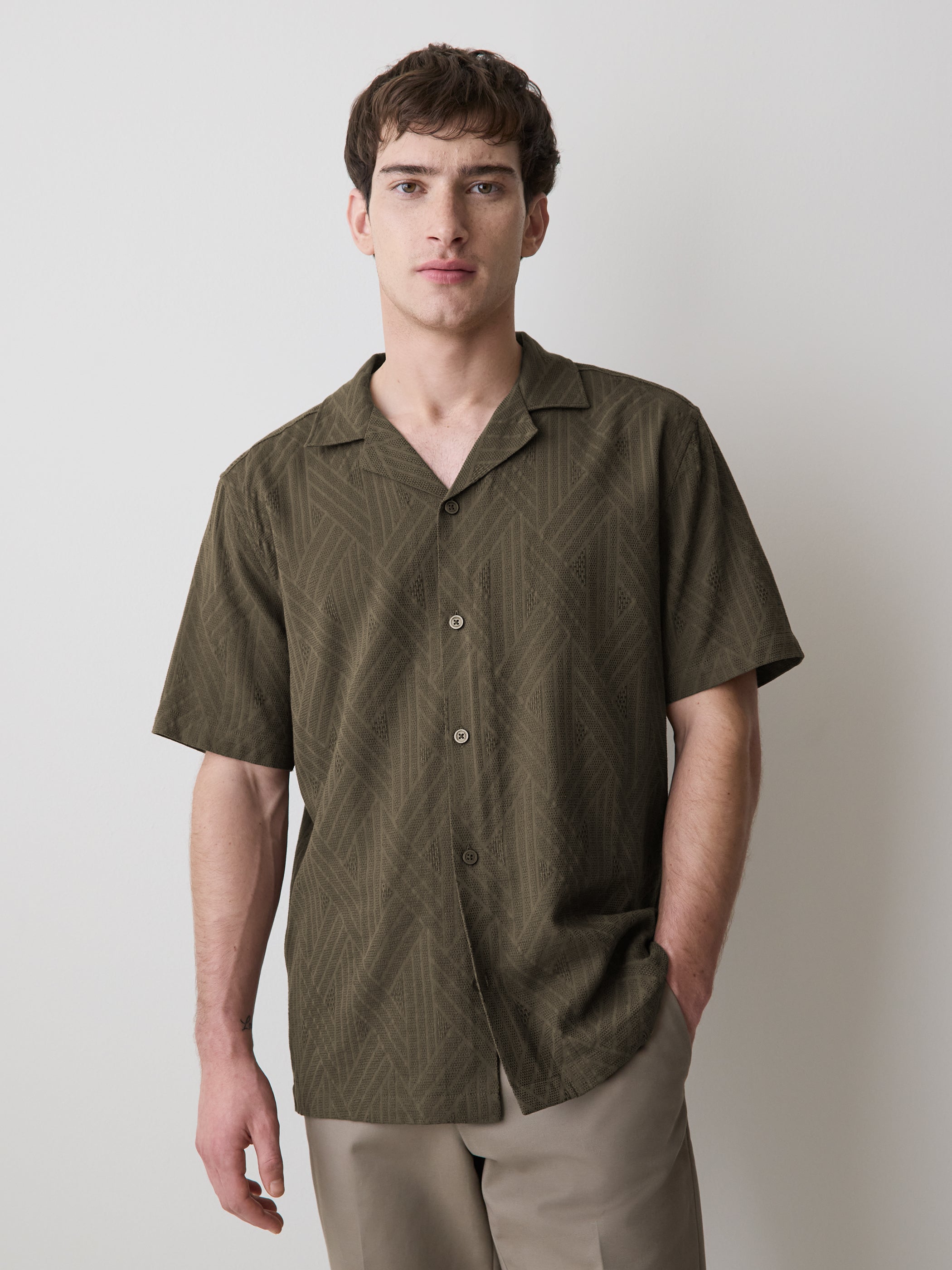 Short-Sleeve Textured Shirt with Camp Collar