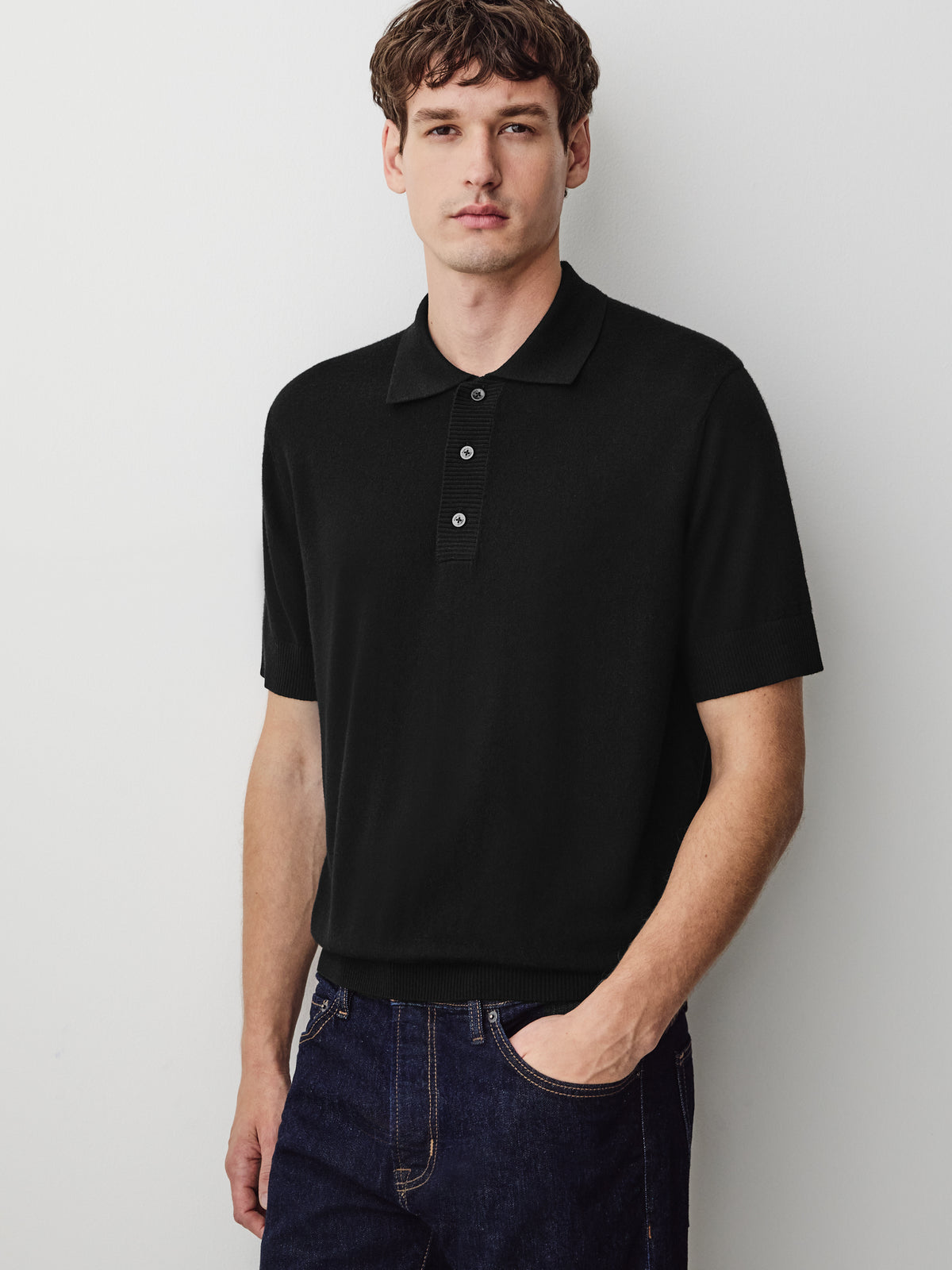 Merino-Wool Short-Sleeve Polo Sweater