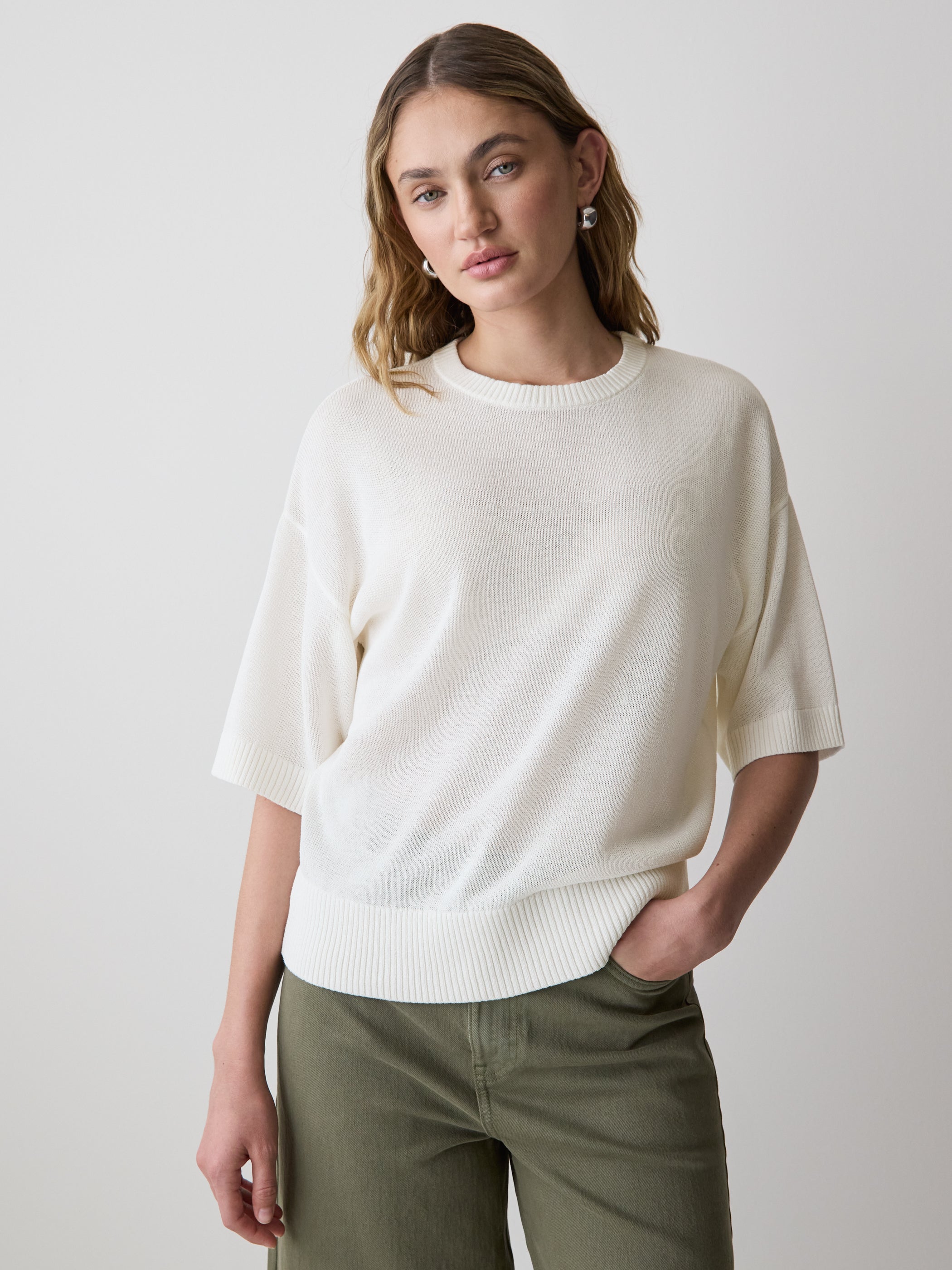 Women's Short-Sleeve Crew-Neck Boxy Linen Blend Sweater – RW&CO