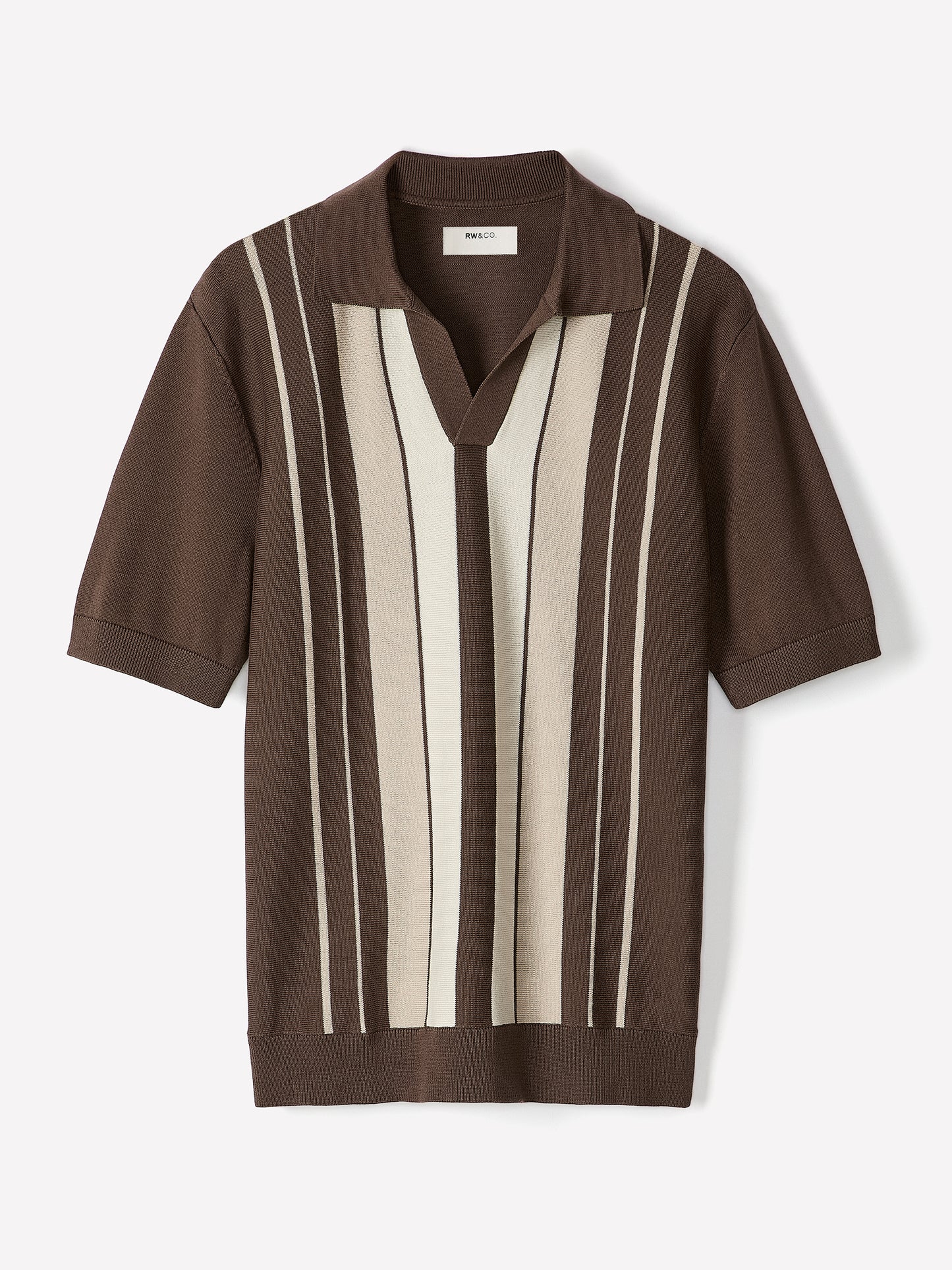 Striped Short-Sleeve Sweater with Johnny Collar