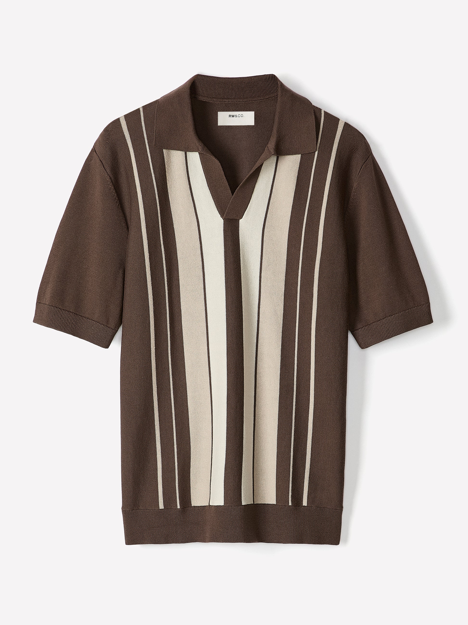 Striped Short-Sleeve Sweater with Johnny Collar