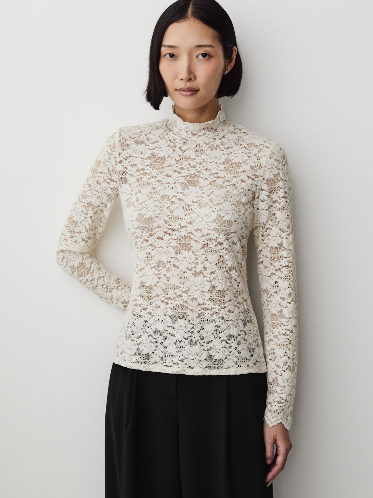 Long-Sleeve Mock-Neck Lace Top