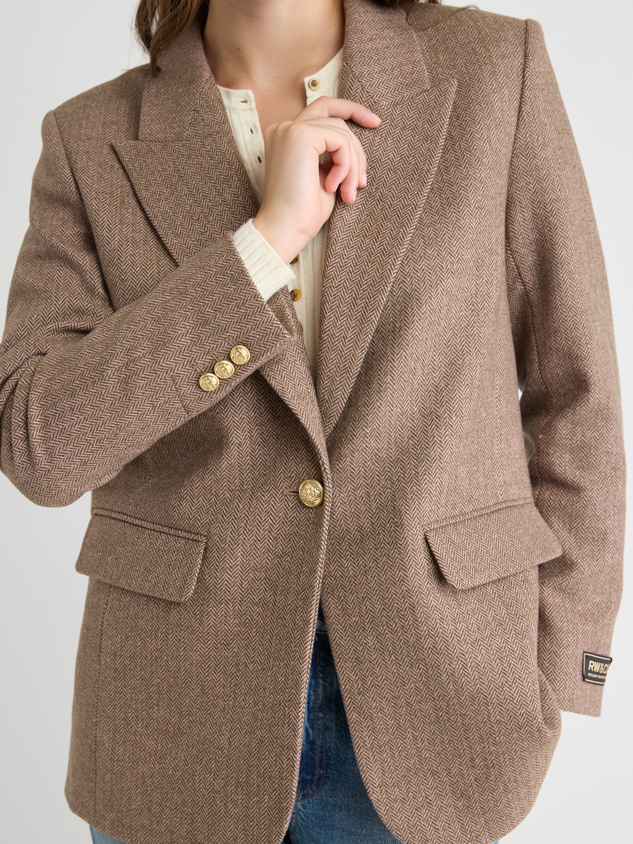 Herringbone Wool-Blend Oversized One-Button Blazer