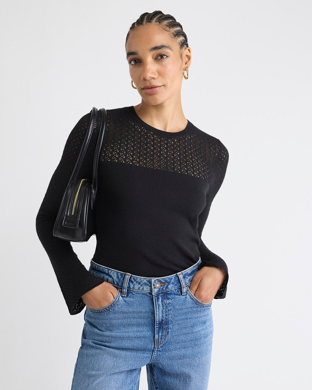 Long-Sleeve Crew-Neck Sweater with Fancy-Stitch Yoke
