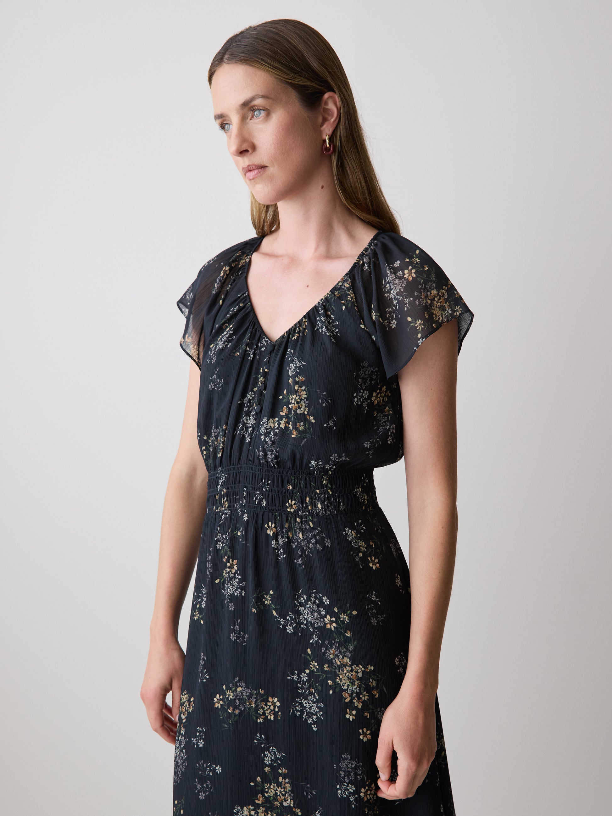 Fit-and-Flare Midi Dress with Short Flutter Sleeves