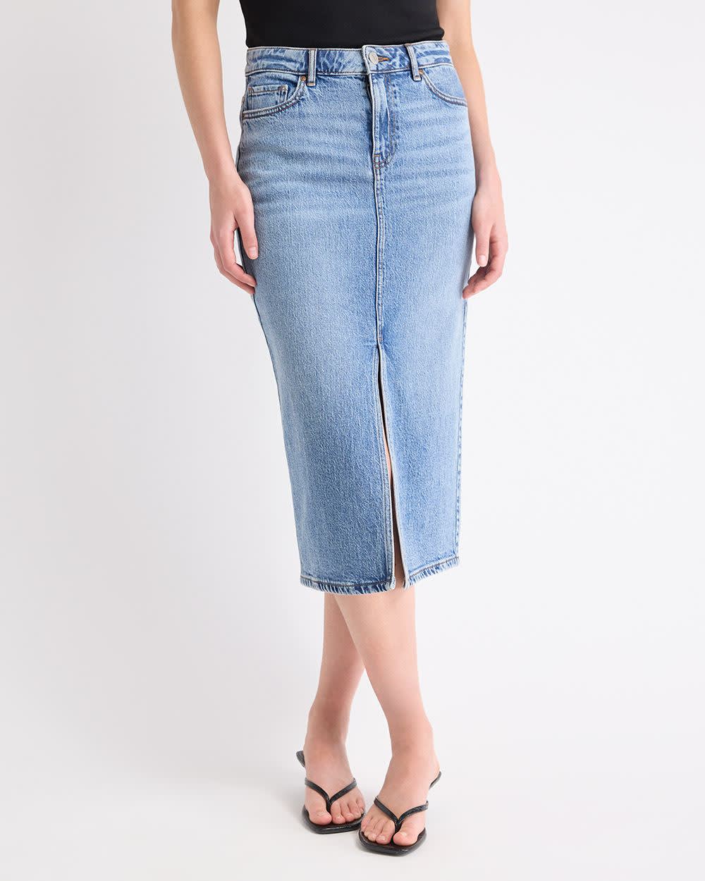 Jupe Droite Midi en Denim à Taille Haute
