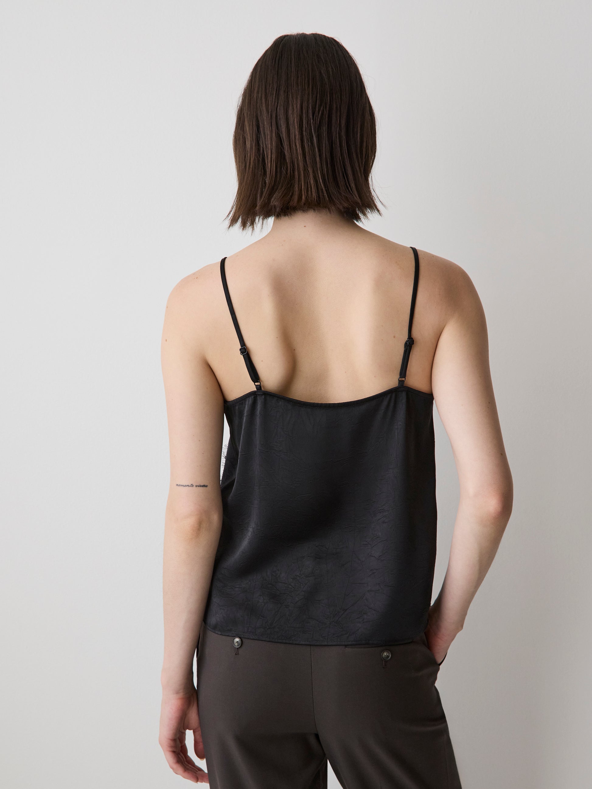 Sleeveless V-Neck Satin Blouse with Lace Trim