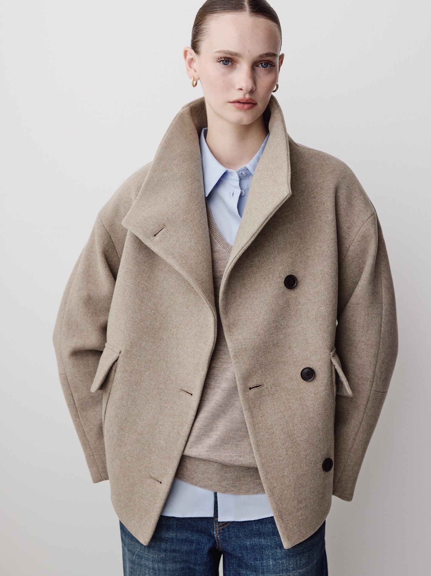 Wool Blend Short Jacket with Funnel Neck