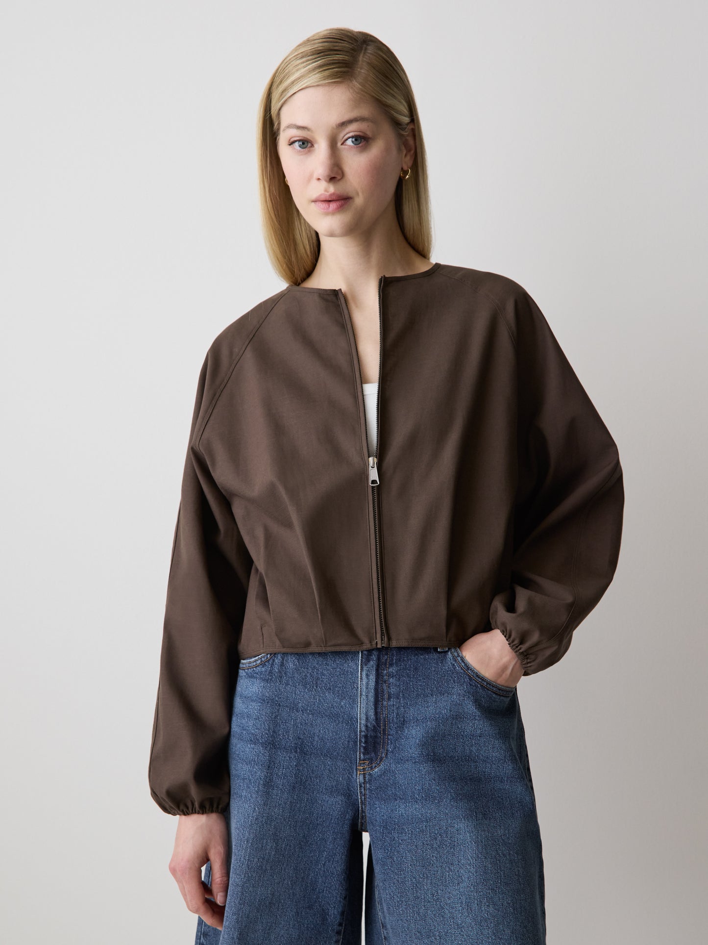 Woven Collarless Bomber Jacket with Zip Front