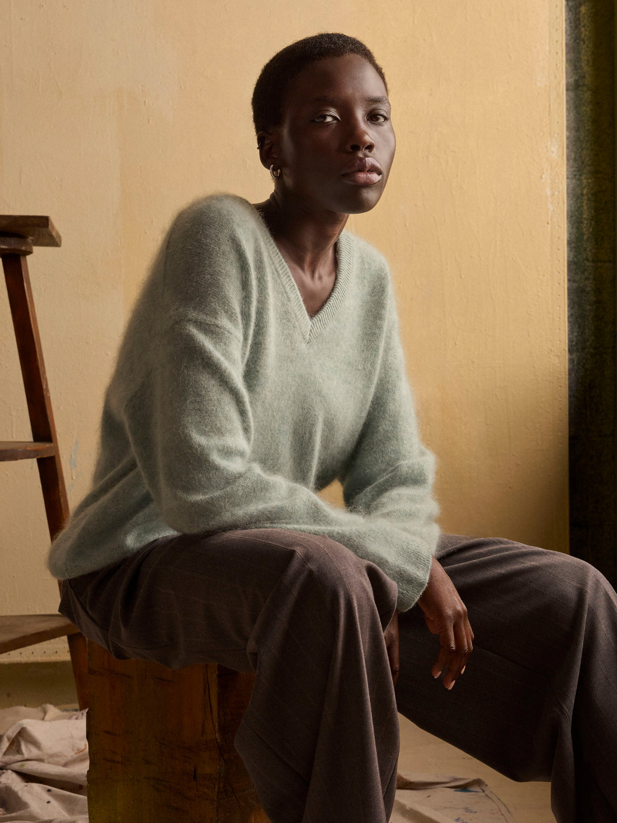 Long-Sleeve V-Neck Hairy Merino Sweater