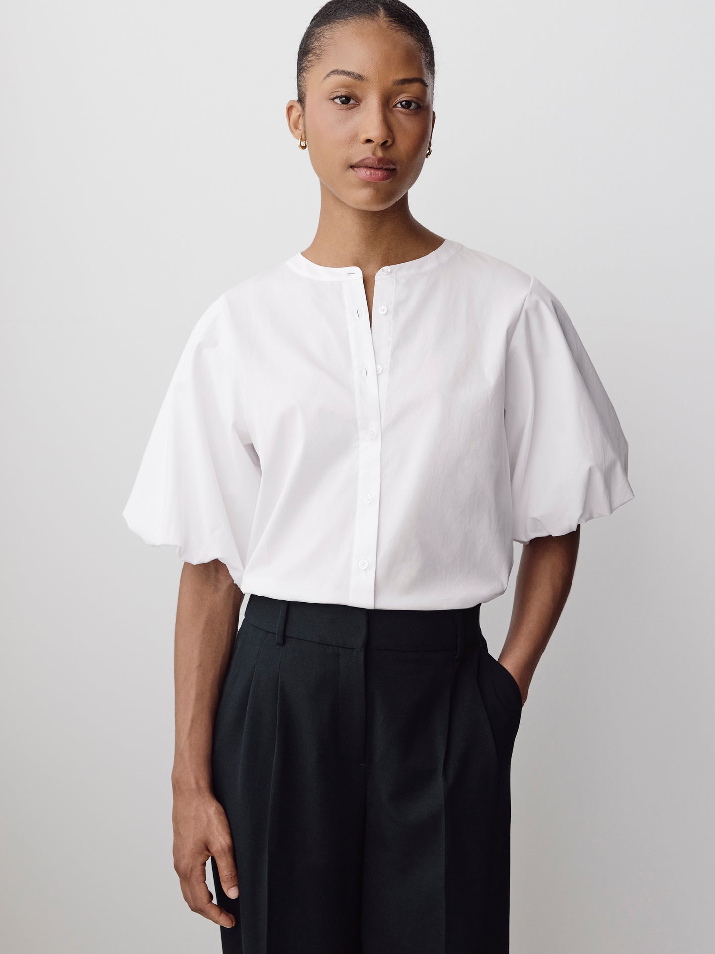 Woven Cotton Blend Balloon Sleeve Blouse