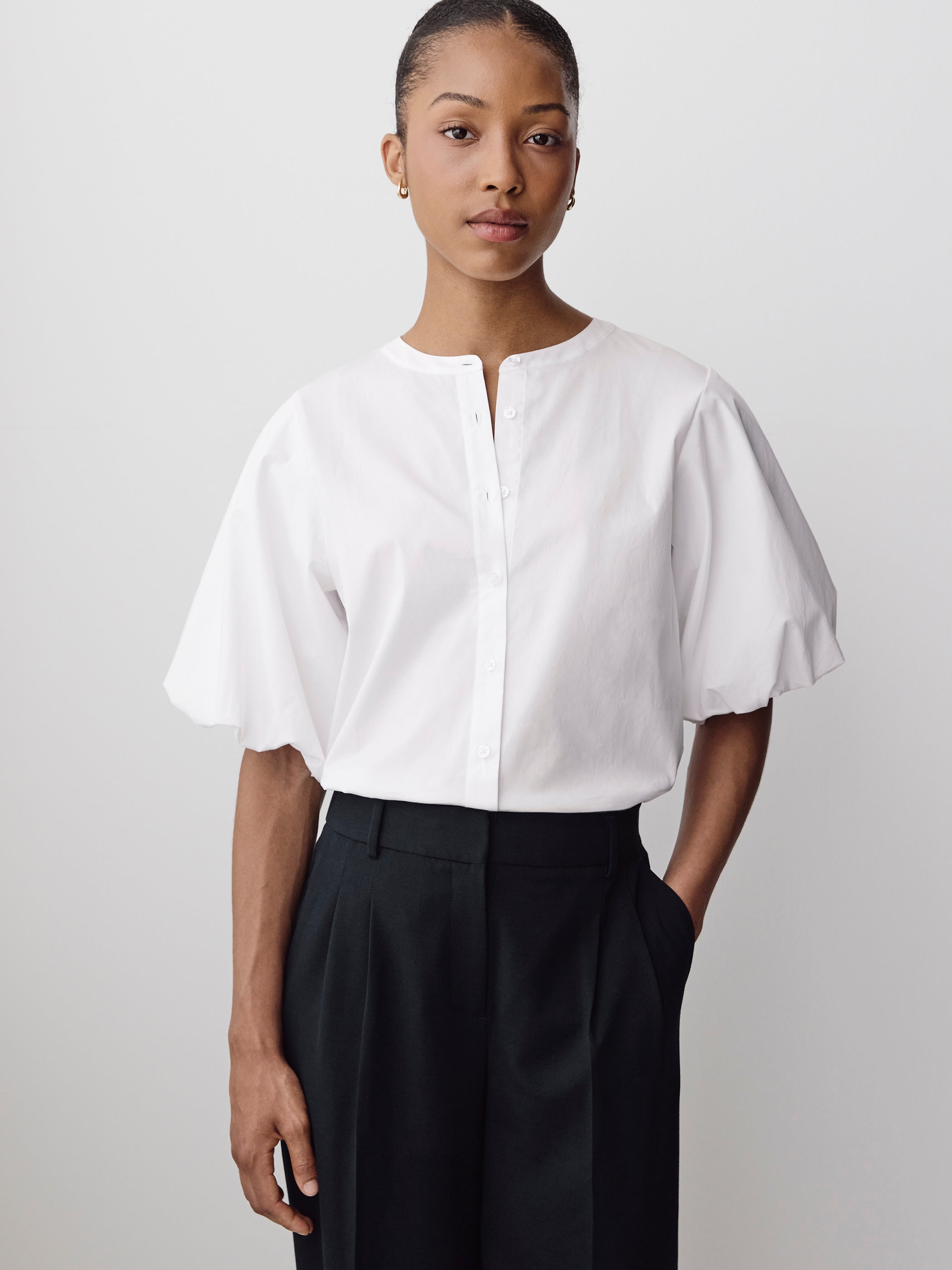 Woven Cotton Blend Balloon Sleeve Blouse