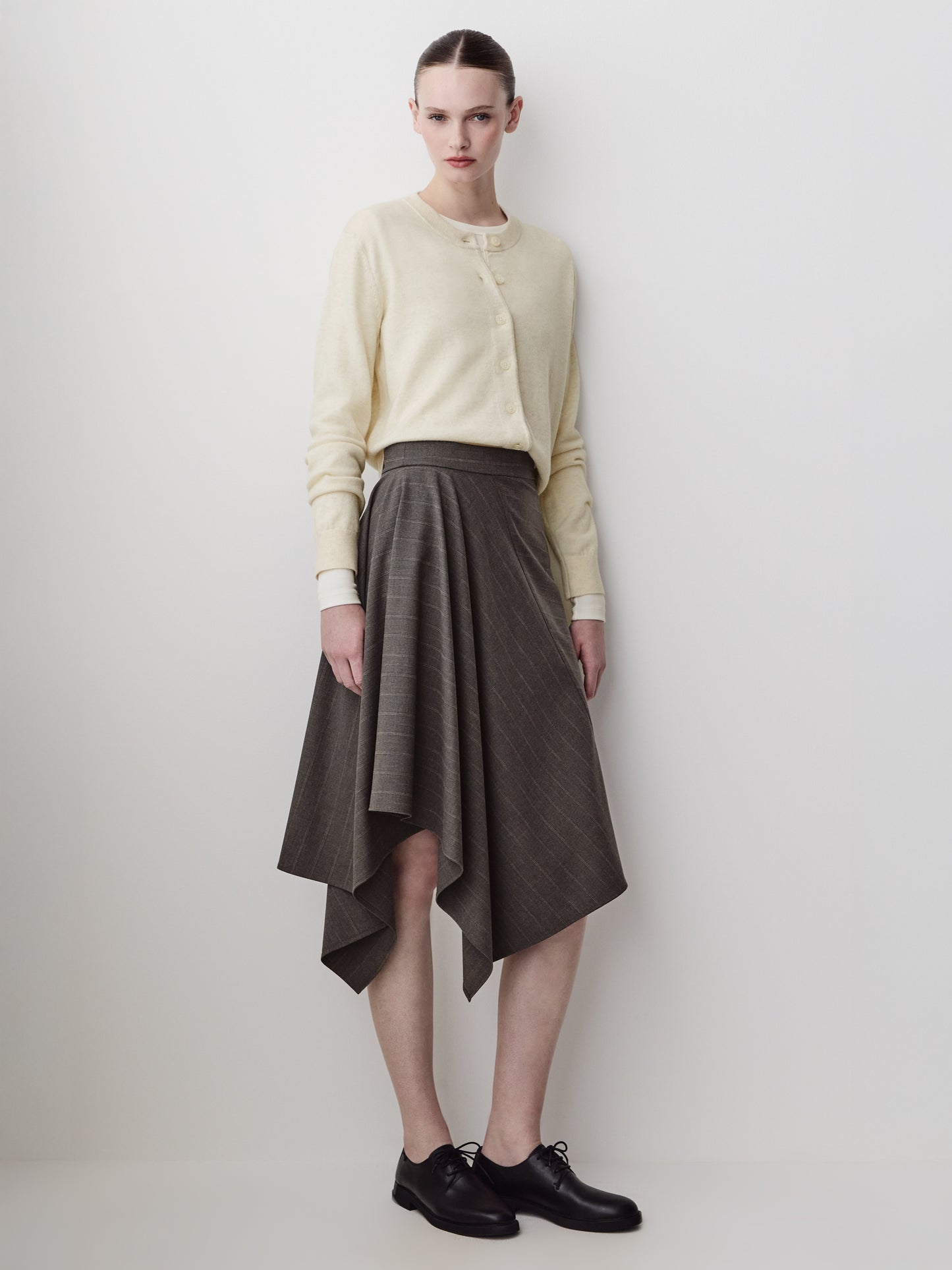 Woven Asymmetric Flare Midi Skirt in Polyester Blend