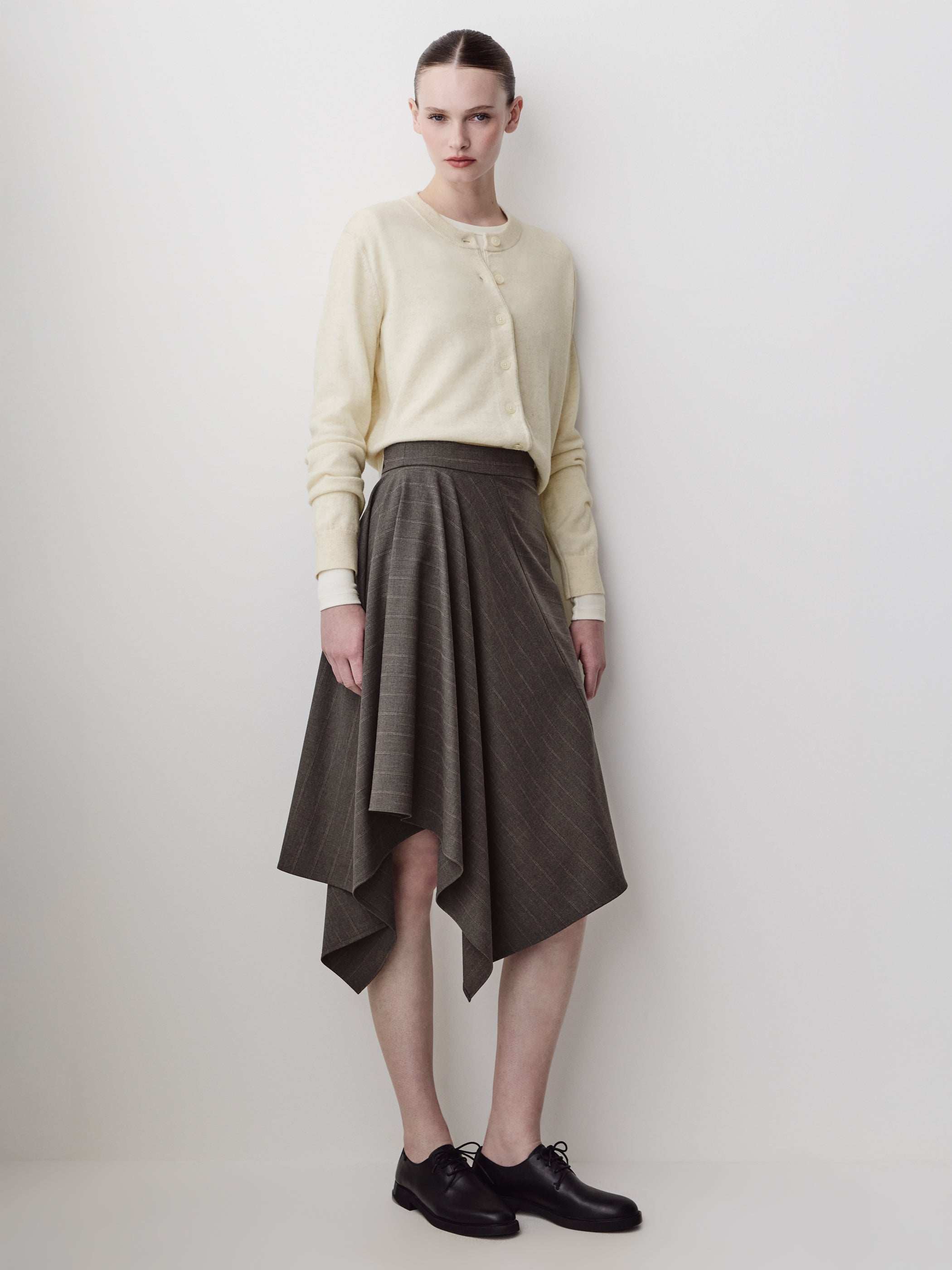 Woven Asymmetric Flare Midi Skirt in Polyester Blend