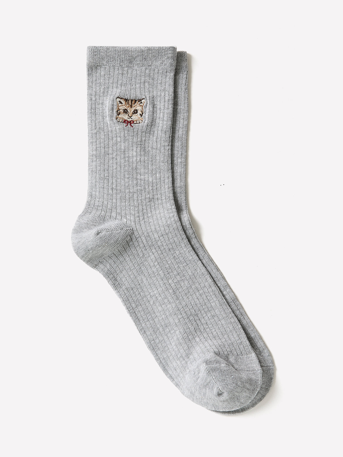 Crew Socks with Embroidered Cat Design, Cotton Blend