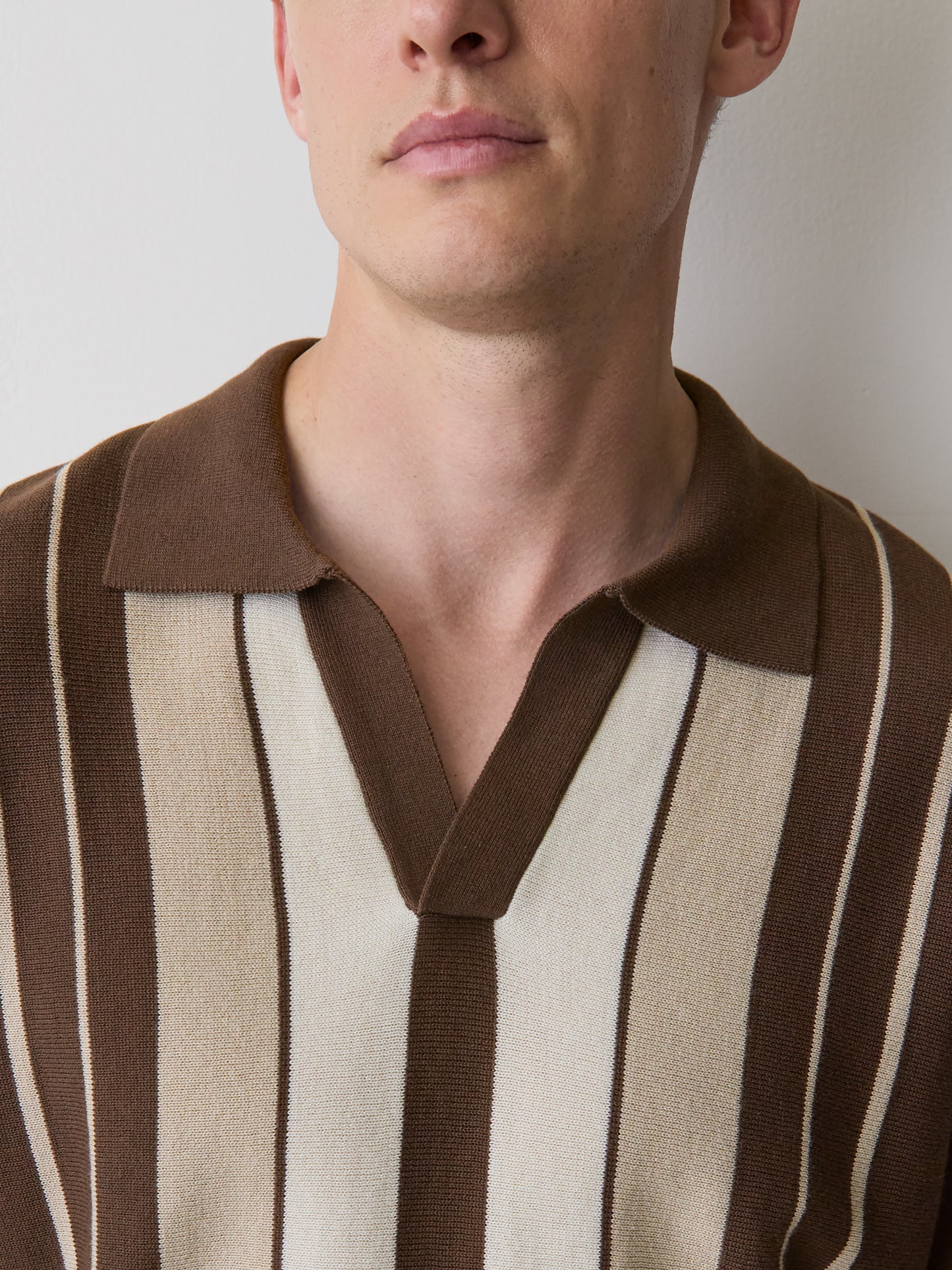 Striped Short-Sleeve Sweater with Johnny Collar