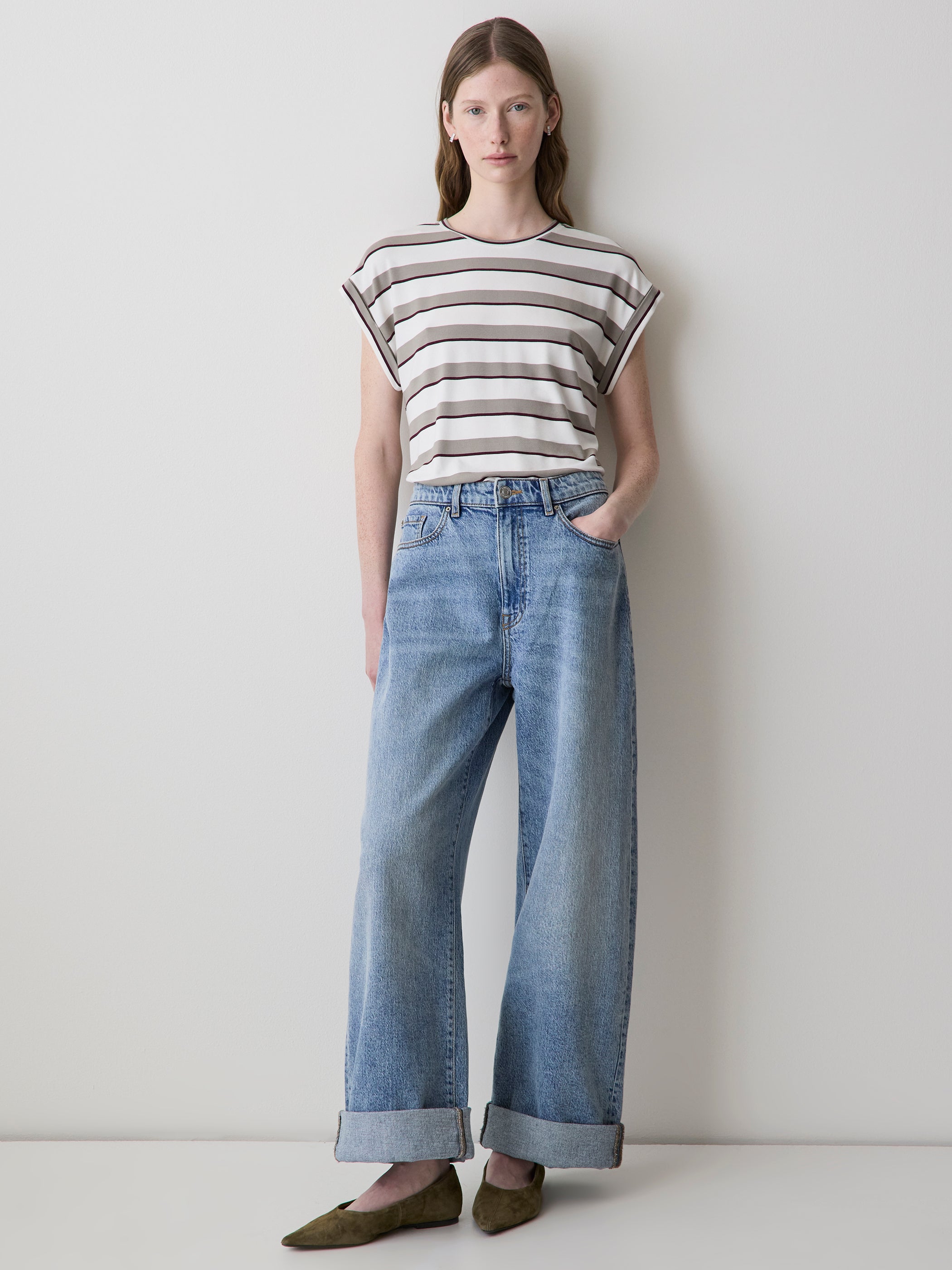 T-Shirt Rayé à Col Rond et Manches Très Courtes