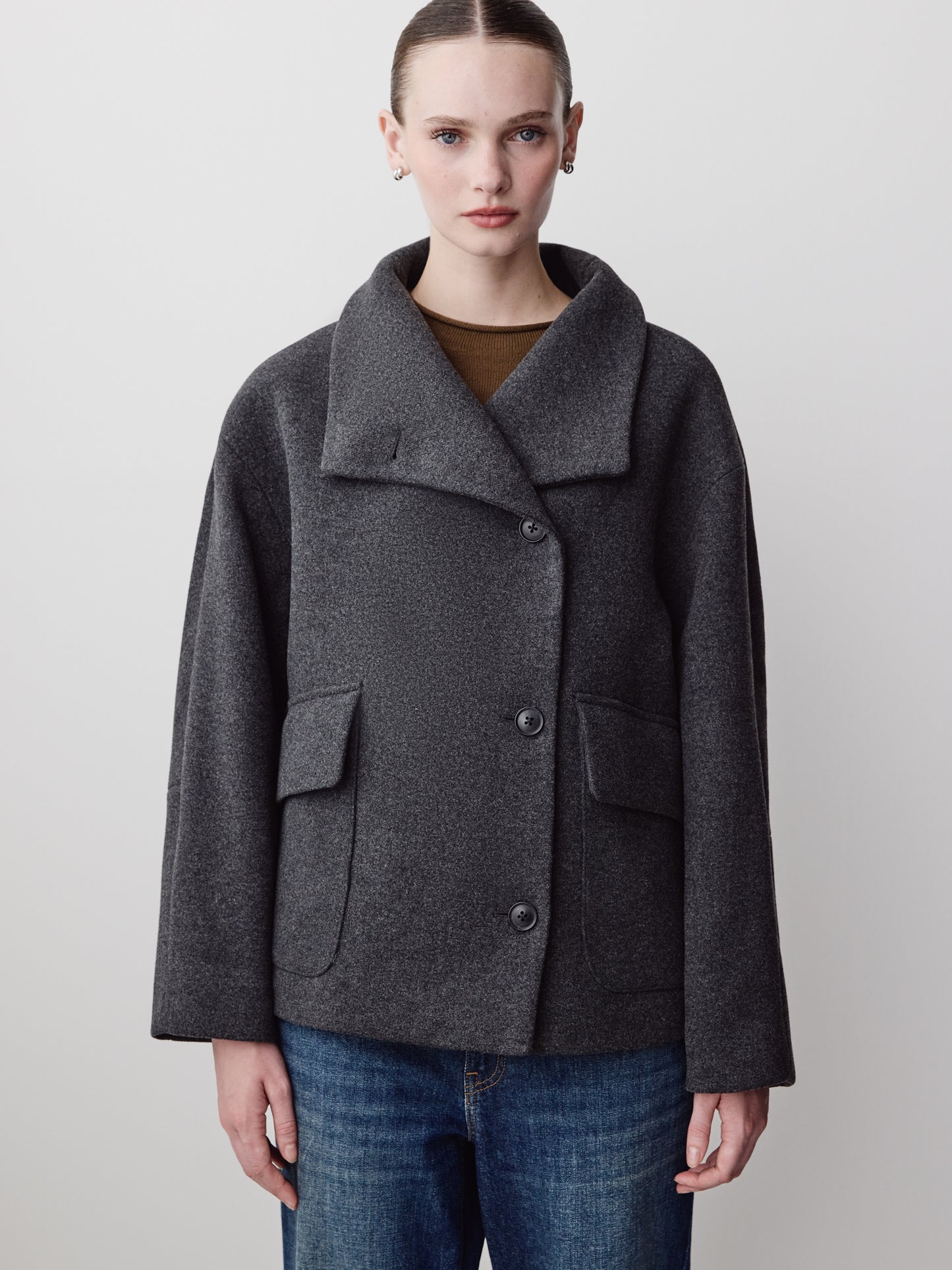Wool Blend Short Jacket with Funnel Neck