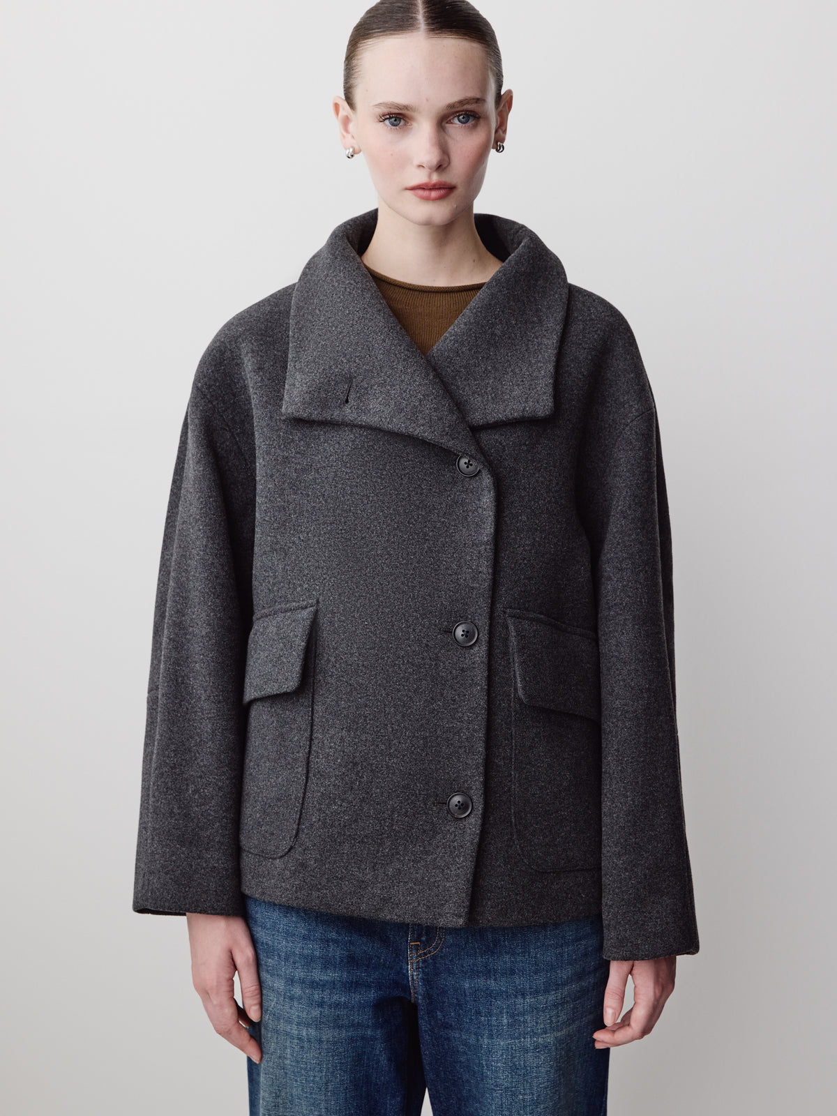Wool Blend Short Jacket with Funnel Neck