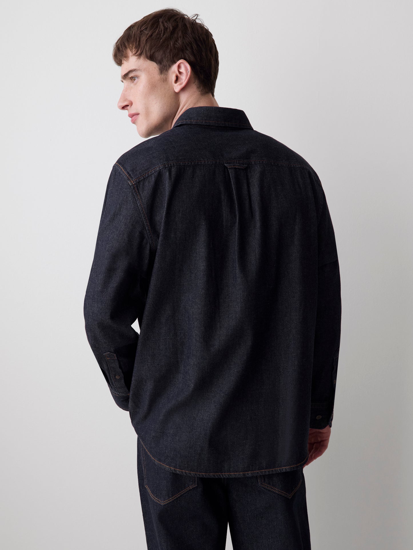 Long-Sleeve Raw Denim Shirt with Chest Pocket