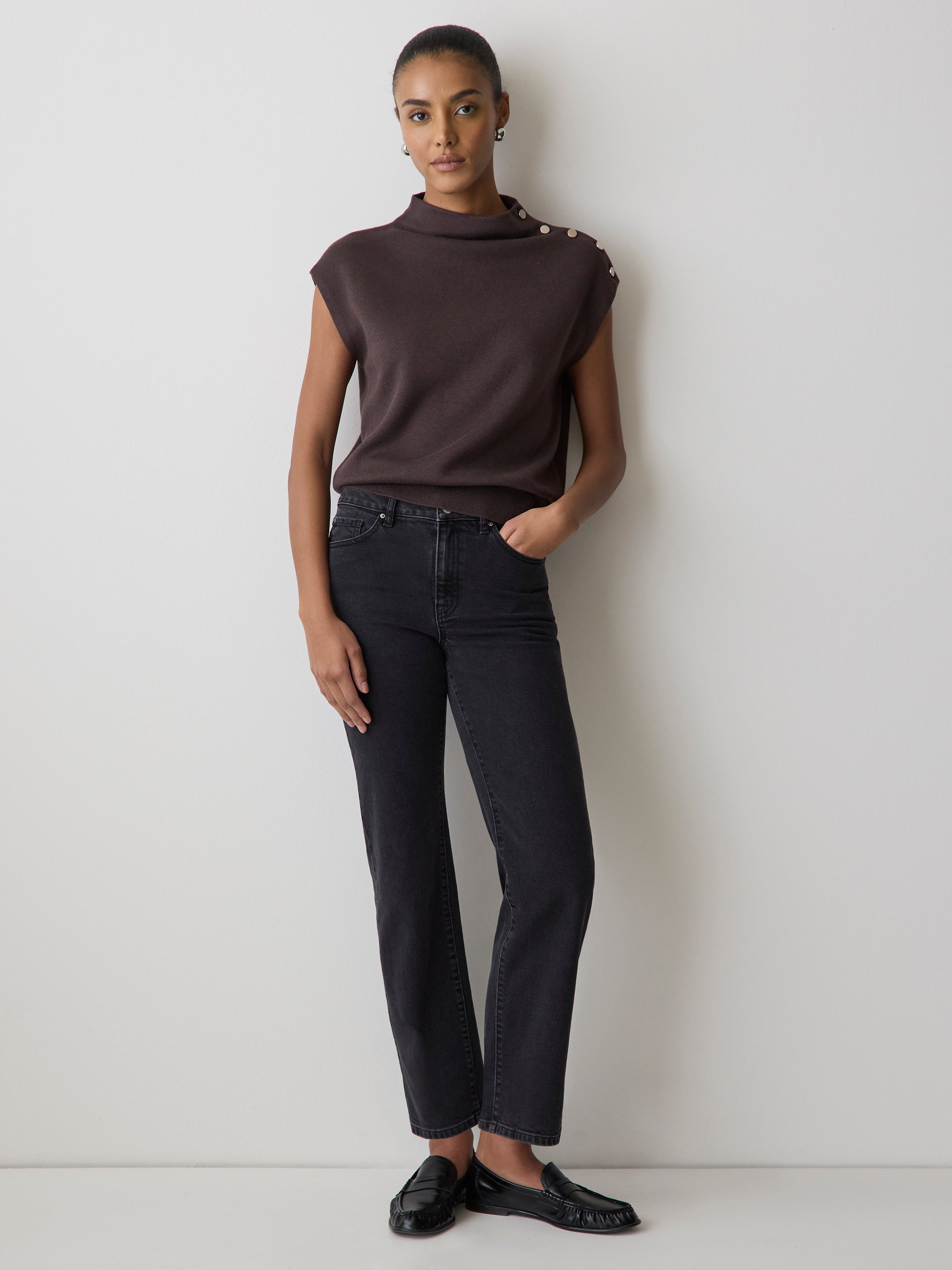 Pull Sans Manches à Col Montant avec Boutons à l'Épaule