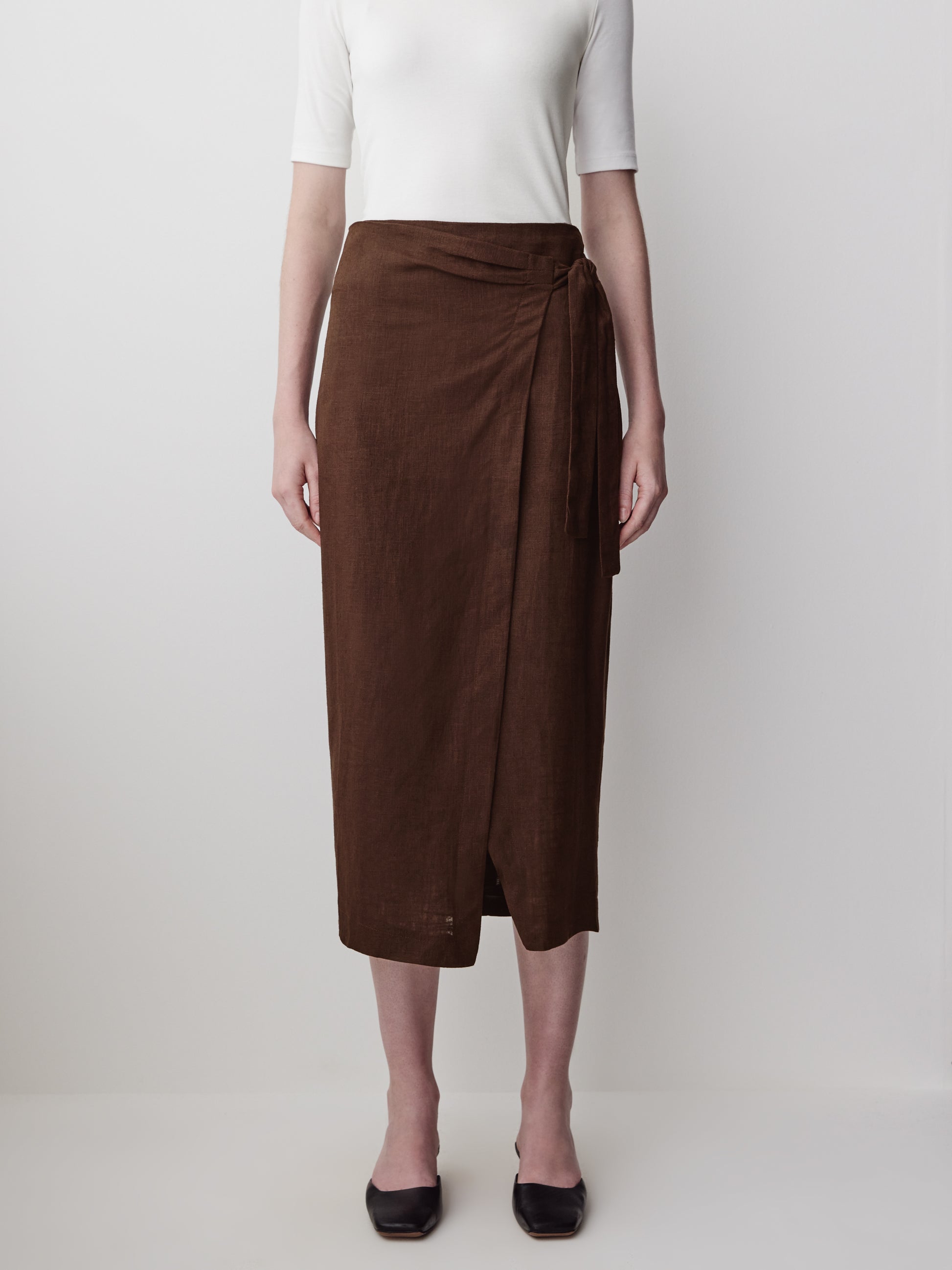Linen-Blend Straight Midi Skirt with Wrap Front