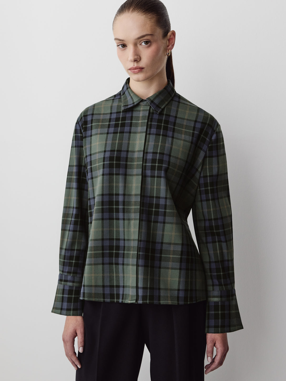 Woven Plaid Button-Up Shirt with Cape Detail