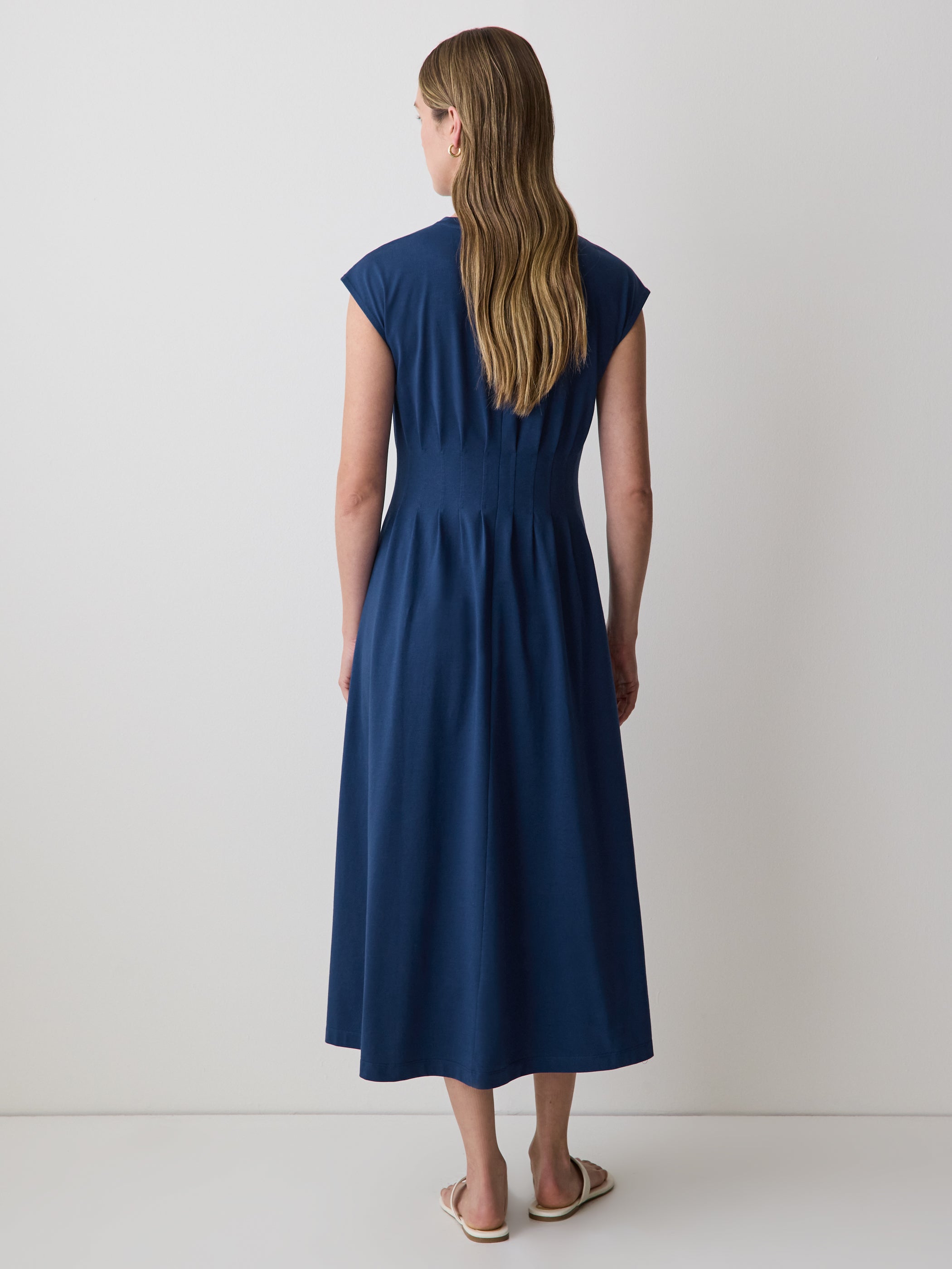 Extended-Sleeve Crew-Neck Midi Dress with Pintucks