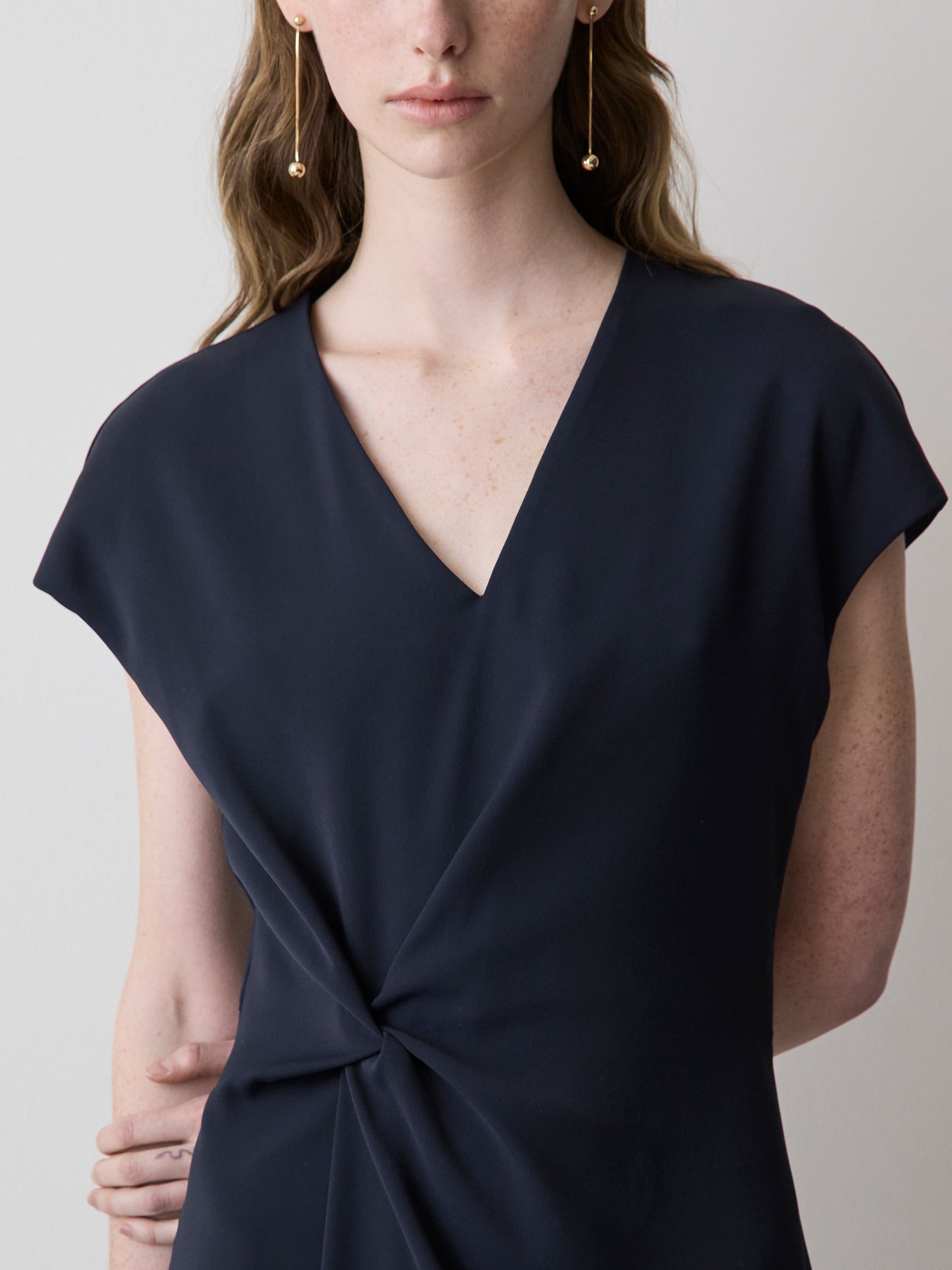 Extended-Sleeve V-Neck Twill Midi Dress
