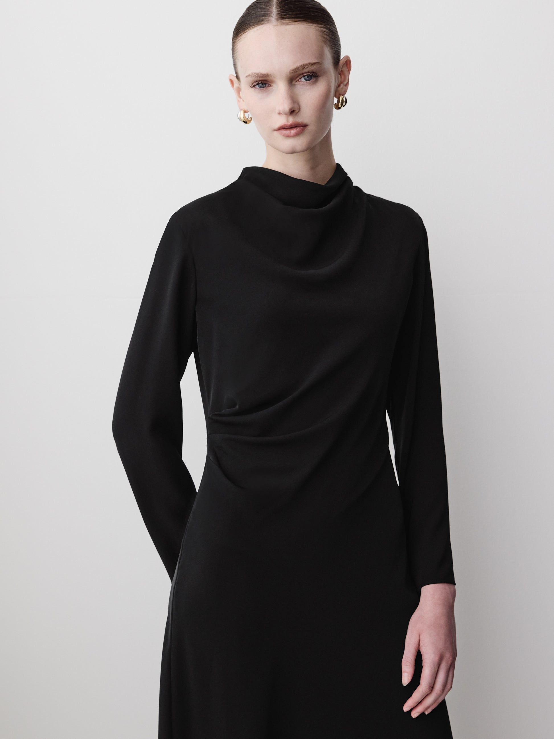 Woven Luxe Crepe Mock Neck Midi Dress