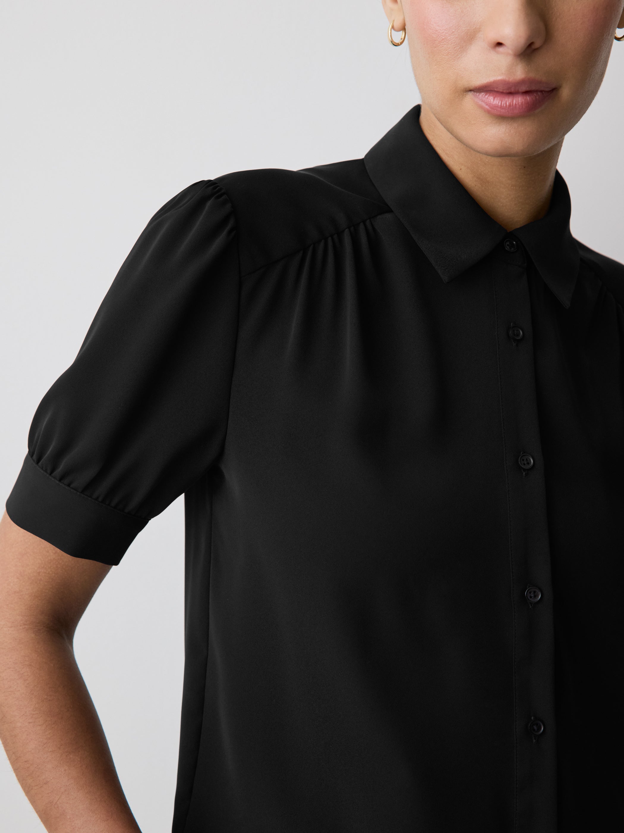 Silky Crepe Short-Sleeve Buttoned-Down Blouse
