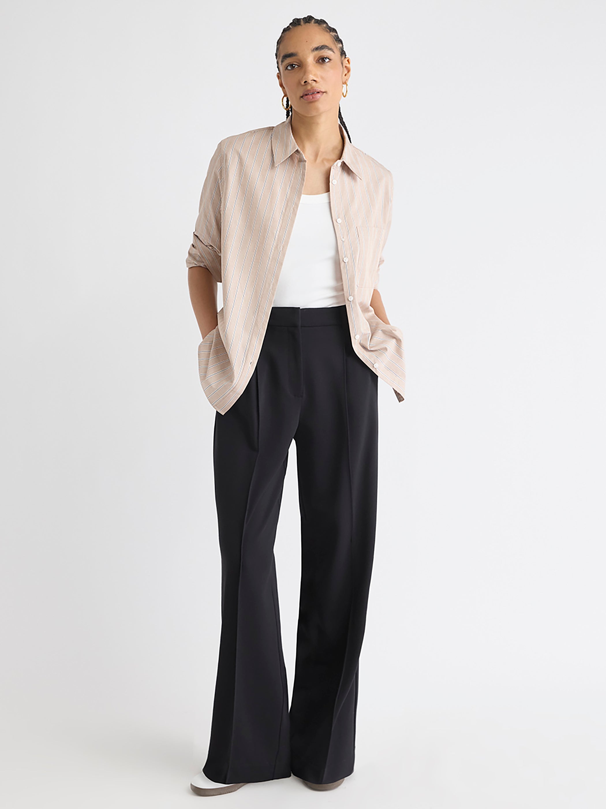 Pantalon en Tricot Noir à Taille Haute et Jambe Large