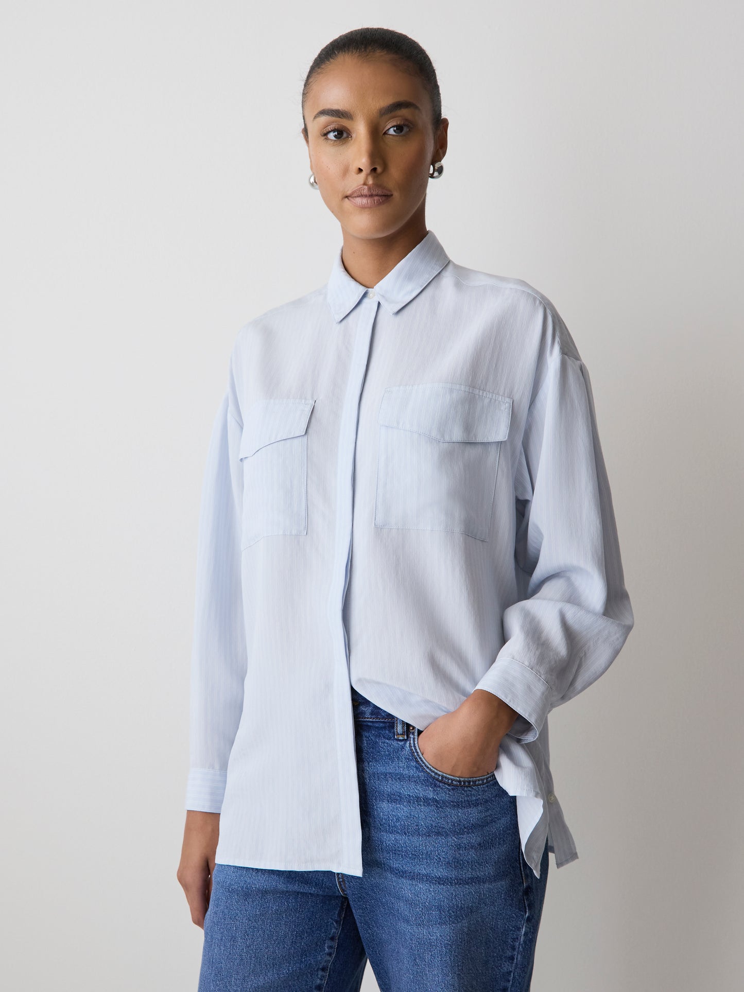 Striped Long-Sleeve Buttoned-Down Blouse with Pockets