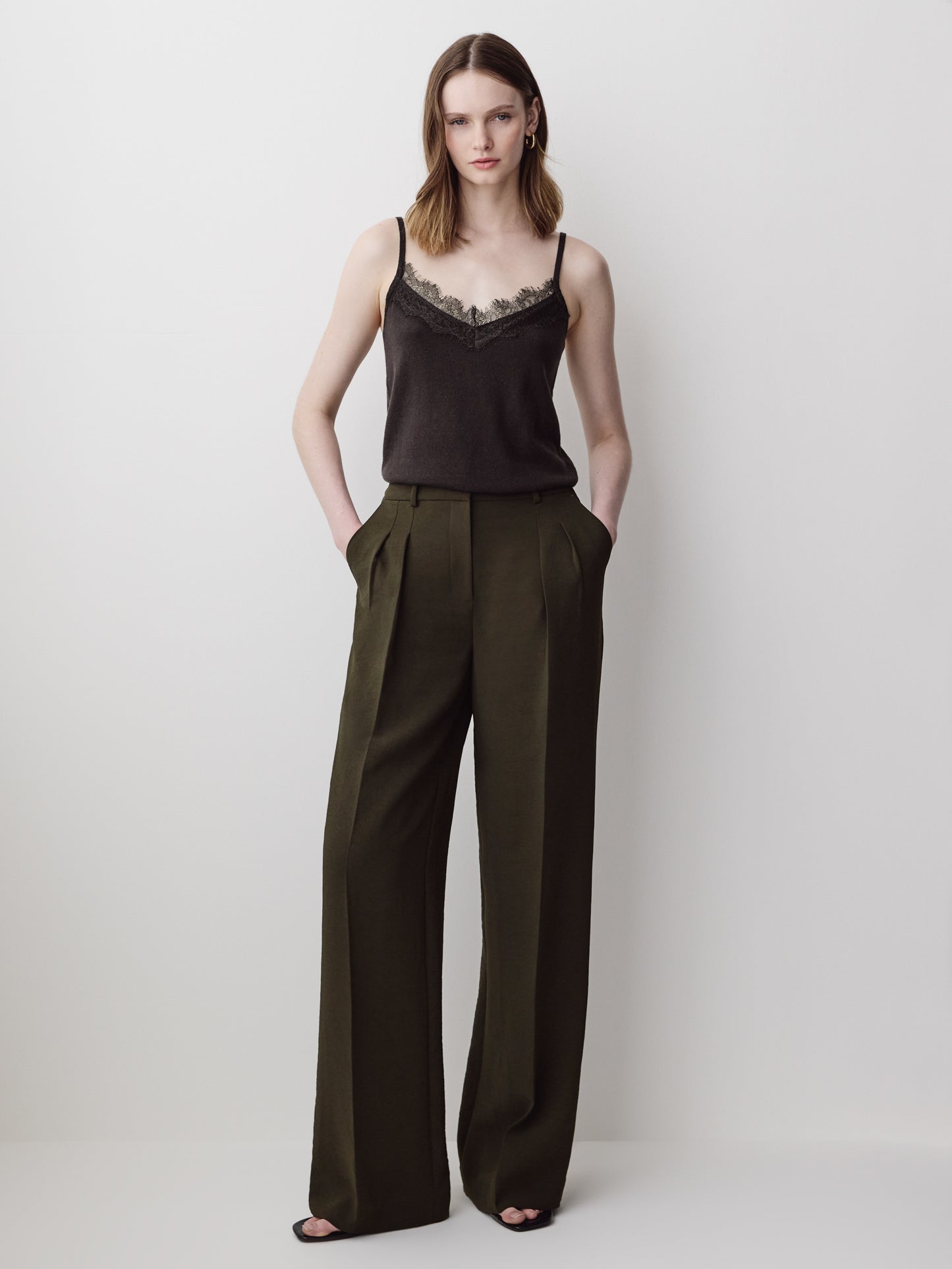 Merino-Wool V-Neck Cami with Lace Trim